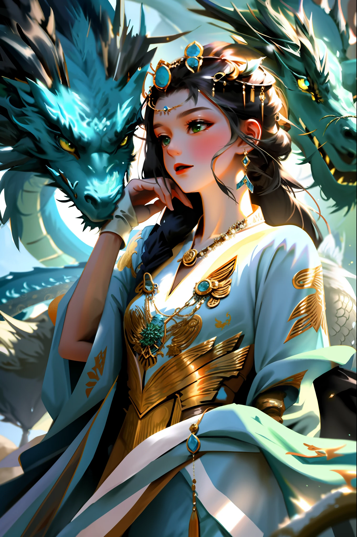 (masterpiece, best quality) Step into a surreal dreamscape where a girl stands gracefully on the back of a dragon amidst a sea of billowing clouds. (beautiful detailed face). The scene is infused with an otherworldly atmosphere, as the girl and the dragon are both partially transparent, blending seamlessly with their surroundings. The girl is depicted with flowing, ethereal robes and a serene expression, her form fading into wisps of mist. The dragon is an amalgamation of organic and mechanical elements, its body morphing and shifting as if made of liquid. The clouds take on fantastical shapes, resembling floating islands and twisted sculptures. The image is rendered in a surrealistic style, with soft transitions and a muted color palette that enhances the dreamlike quality of the scene.