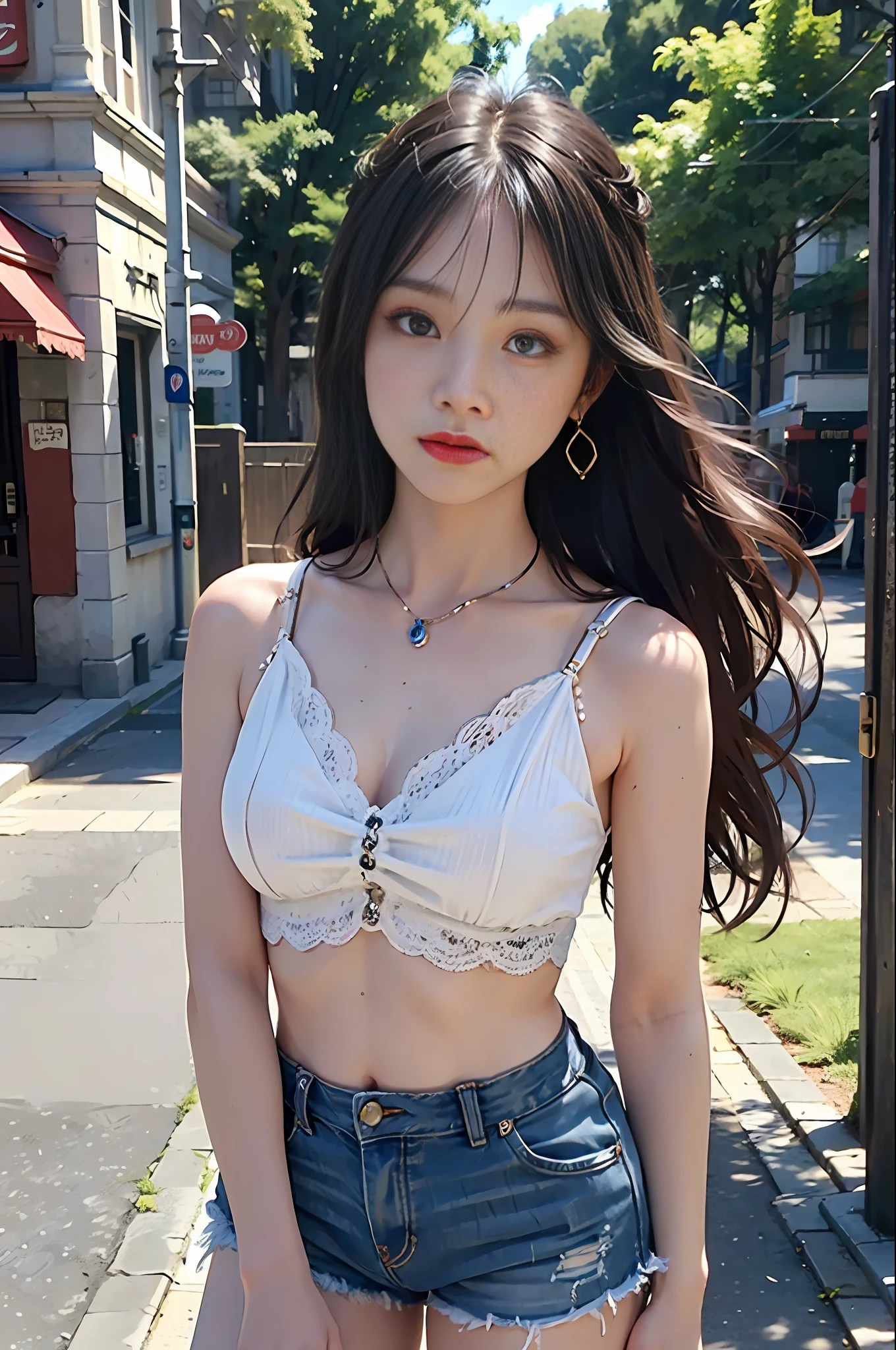 masterpiece, best quality, 1girl, aqua eyes, brunette hair, shut up, street background, looking at the audience, outdoors, solo, upper body, charming, clean, beautiful face, pure face, pale skin, gentle pose, (( shorts)), long hair, (((perfect female figure)), mature female, milf, narrow waist, chinese god, highly detailed, best quality, masterpiece, high resolution, original, extremely detailed 8K, wallpaper, masterpiece, best quality, illustration, beautifully detailed eyes, cinema lighting, earrings, jewelry,,