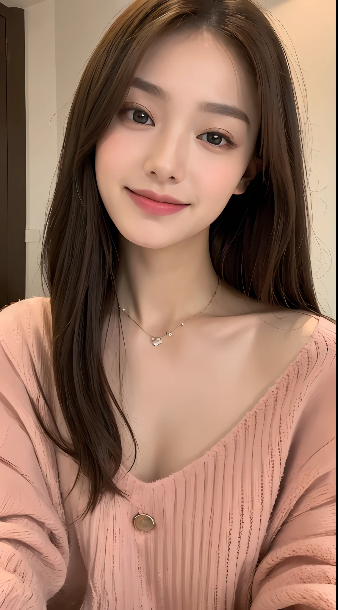 ((Night, Realistic Light, Best Quality, 8K, Masterpiece: 1.3)), 1girl, Slim Beauty: 1.4, Abs: 1.1, (Brown hair, Medium breasts: 1.3), Long pink sweater: 1.1, Bathroom, Super fine face, Delicate eyes, Double eyelids, smile, necklace