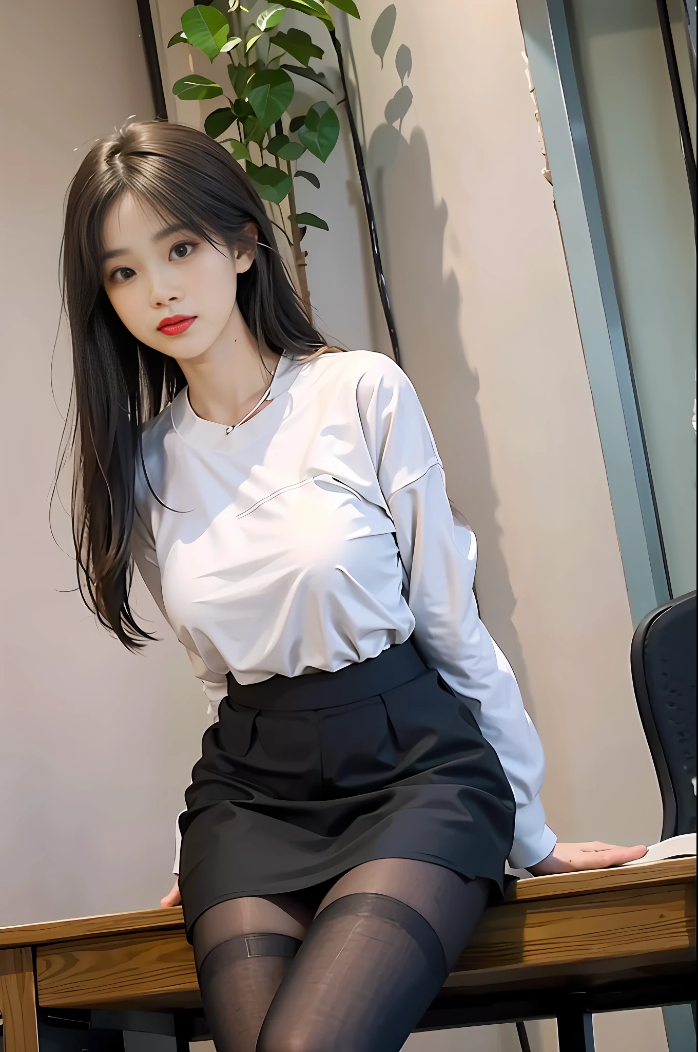 Woman sitting at table in white top and black skirt, smooth white tights suit, wearing tight and simple clothes, beautiful girl, sunny, wearing white clothes, wearing cute top, realistic,