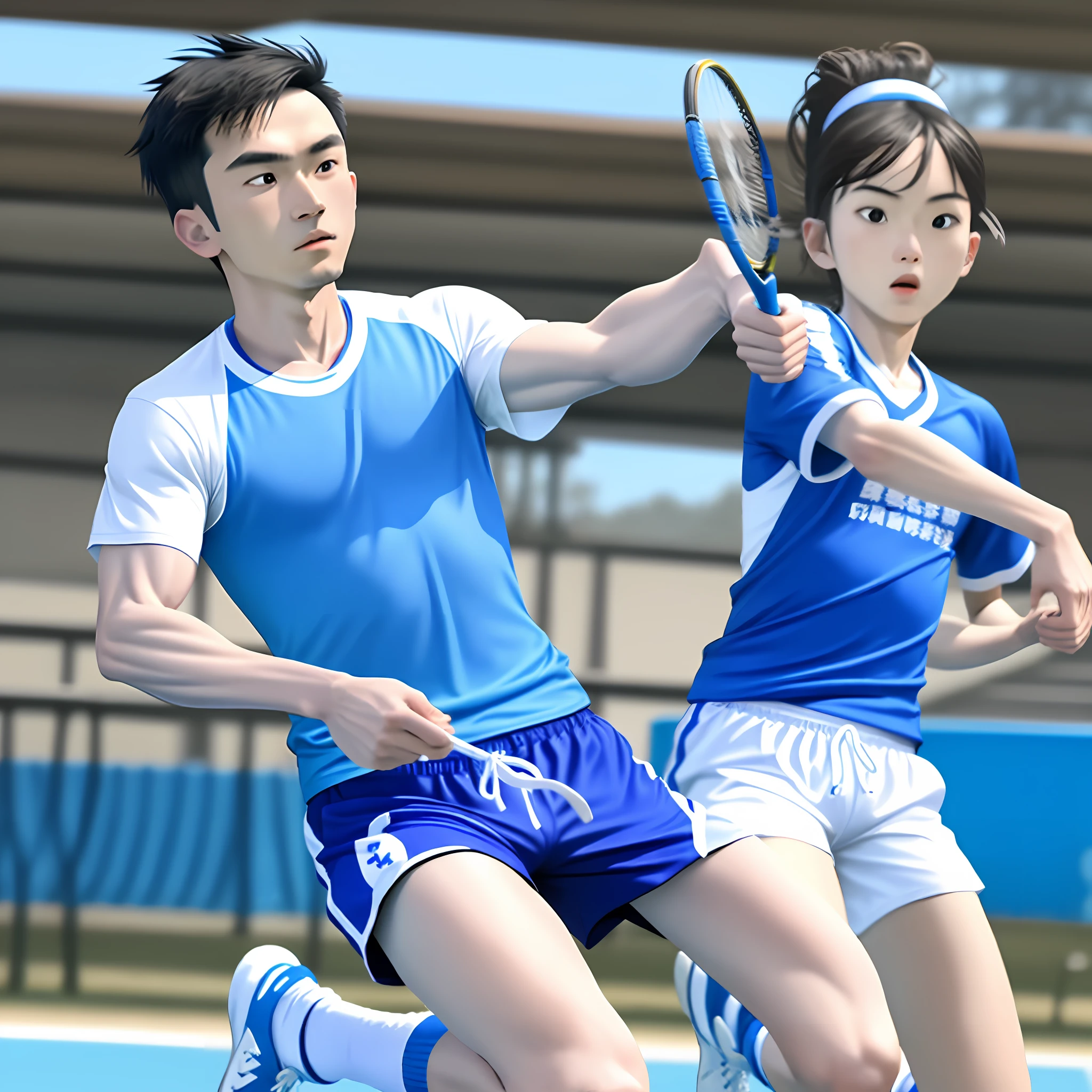 Masterpiece, best quality, 1 male, adult, blue sports top with letter O on chest, blue and white sports shorts, white socks, white sneakers, badminton racket in right hand, jumping action