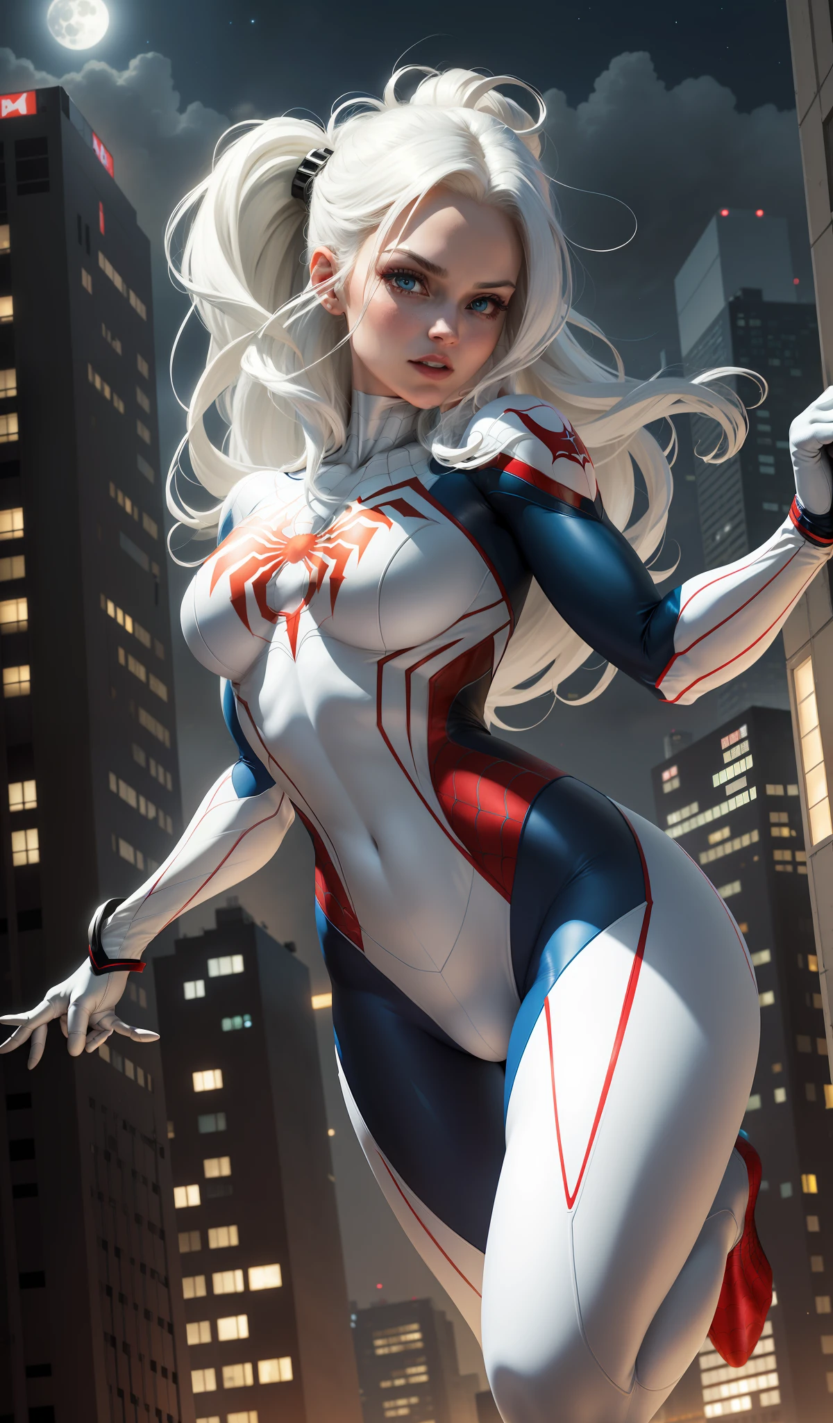 (Masterpiece, 4k resolution, ultra-realistic, very detailed), (White superhero theme, charismatic, there's a girl on top of town, wearing Spider-Man costume, she's a superhero), [ ((25 years), (long white hair:1.2), full body, (blue eyes:1.2), ((Spider-Man pose),show of strength, jumping from one building to another), ((sandy urban environment):0.8)| (cityscape, at night, dynamic lights), (full moon))] # Explanation: The Prompt mainly describes a 4K painting of ultra-high definition, very realistic, very detailed. It shows a superheroine at the top of the city, wearing a Spider-Man costume. The theme in the painting is a white superhero theme, the female protagonist has long white hair, is 25 years old and her entire body is shown in the painting. In terms of portraying the actions of superheroines, spiders are employed