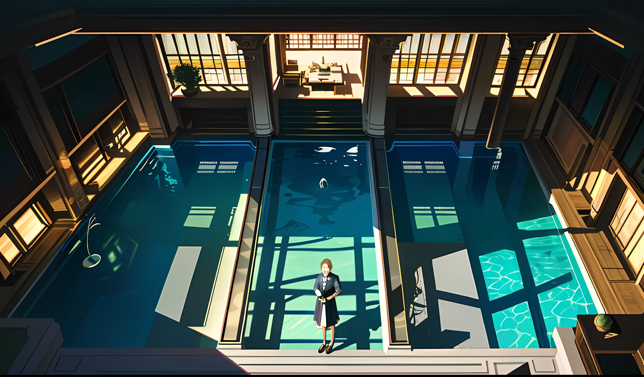(overhead view), masterpiece, high resolution, RAW images, luxurious hotel, courtyard, moody lighting, impressive shadows, illuminated pool, surrounded by glass corridors, tropical resort,