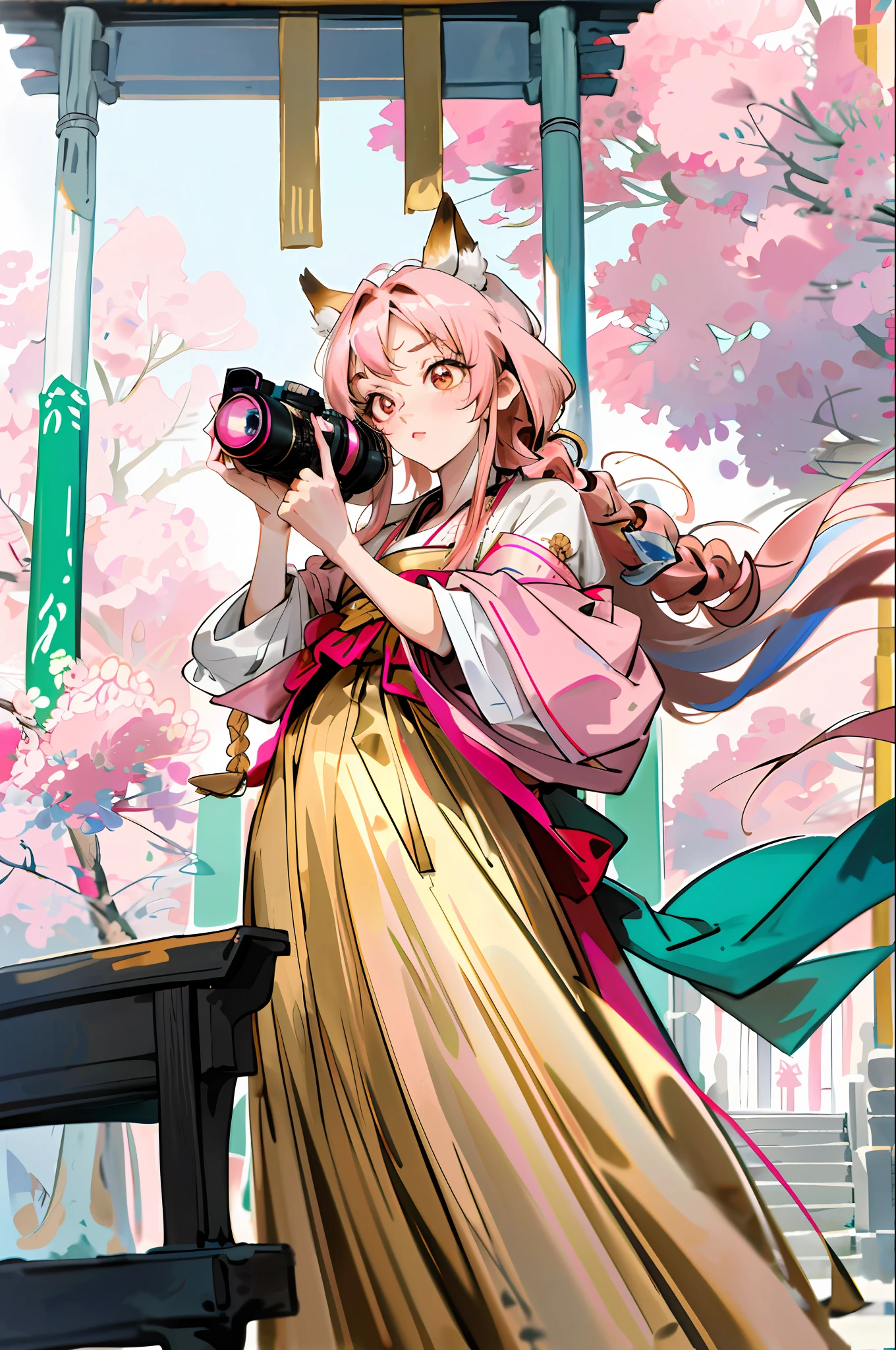 (masterpiece, high resolution, absurdres, perfect proportions, ultra detailed, 8k, perfect anatomy, detailed face, detailed eyes):1.2, ((holding a camera)), cameras, vintage camera, detailed lighting, realistic lighting, fox ears, pink fox tail, 1 girl:1.3, (pink hair, long hair, braided hair, golden eyes:1.3), (shrine maiden dress, shrine maiden outfit):1.2, towards camera:1.2,