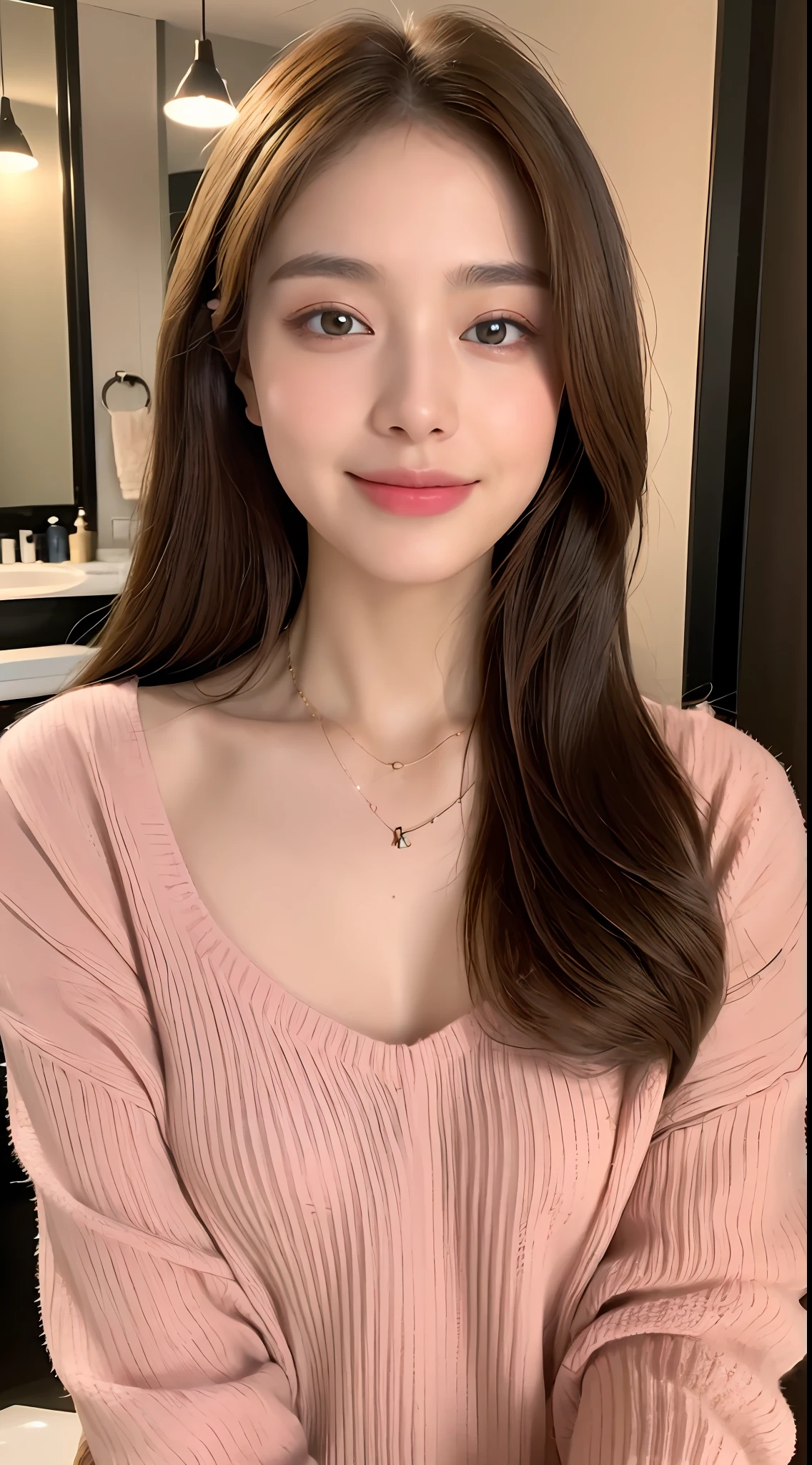((Night, Realistic Light, Best Quality, 8K, Masterpiece: 1.3)), 1girl, Slim Beauty: 1.4, Abs: 1.1, (Brown hair, Medium breasts: 1.3), Long pink sweater: 1.1, Bathroom, Super fine face, Delicate eyes, Double eyelids, smile, necklace, telescopic lens