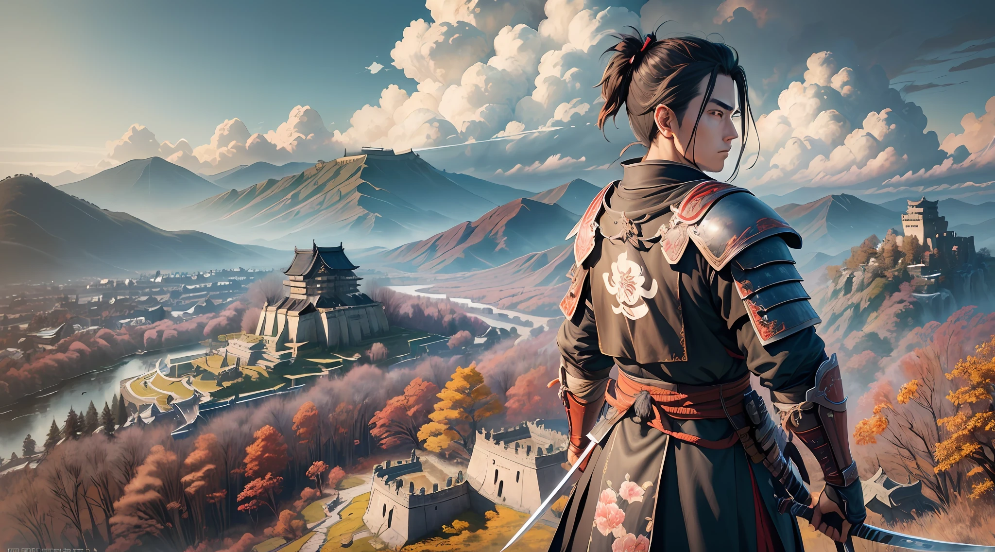 Masterpiece, best quality, (very detailed CG unit 8k wallpaper) (best quality), (best illustration), (best shadows) (male), sekiro on top of a cliff, looking at Ashina castle, feudal Japan, Ray tracing, sinister environment, ultra detailed, , impressionism style , japanese warrior samurai, in attack position, blade, holding, vector style, t shirt design. --v6