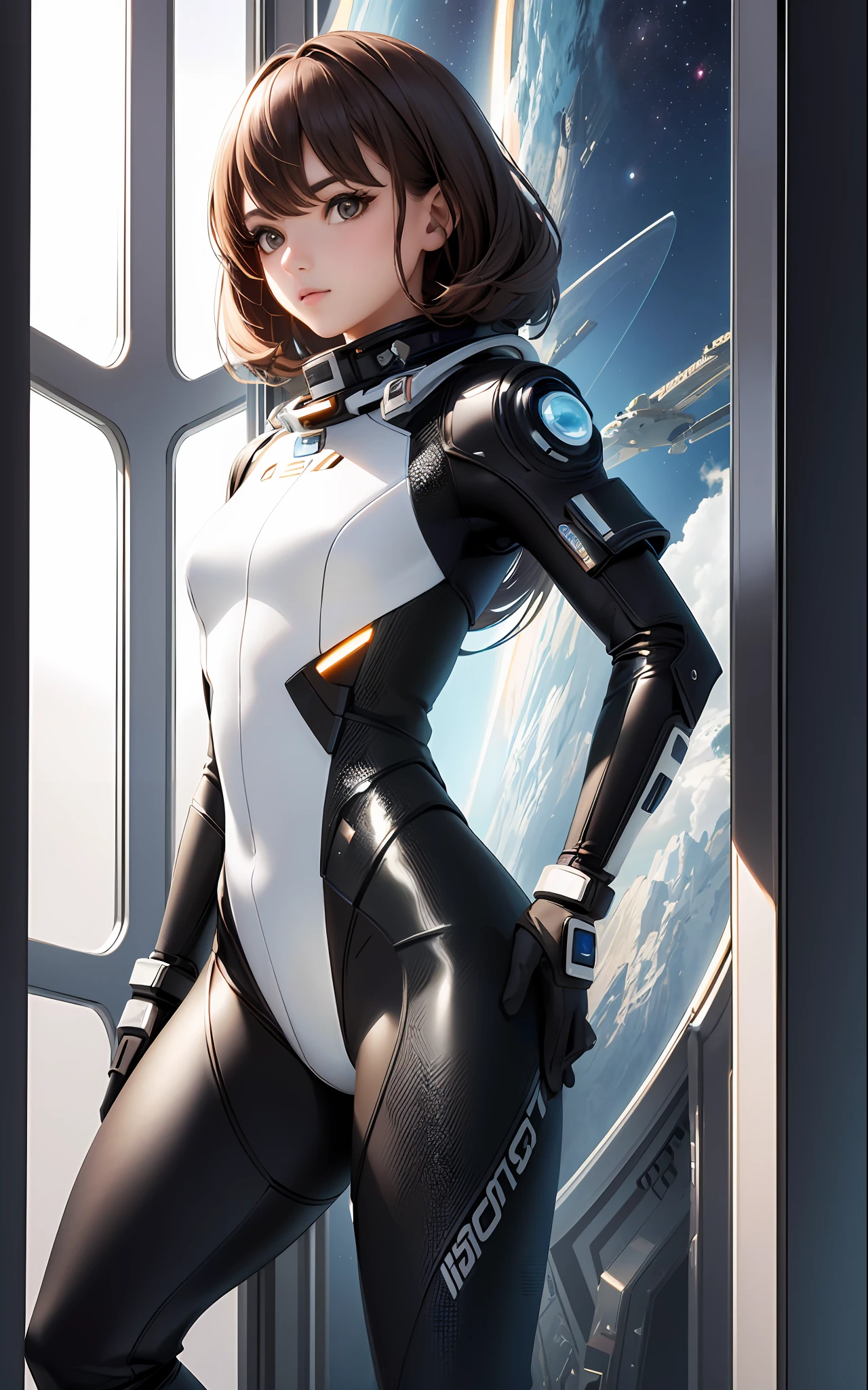 ((Best Quality)), (Masterpiece)), (Details: 1.4), 3D, Absurd Resolution, High Resolution, (Masterpiece: 1.4), Ultra Detailed, Beautiful Girl 1 Person, Futuristic Woman Image, Sparkling Brown Hair, Beautiful Brown Eyes, Beautiful Face, 20 Years Old, Spaceship, Floating, Small, Spacesuit, Spaceship Deck, Window, Futuristic, Dynamic Pose