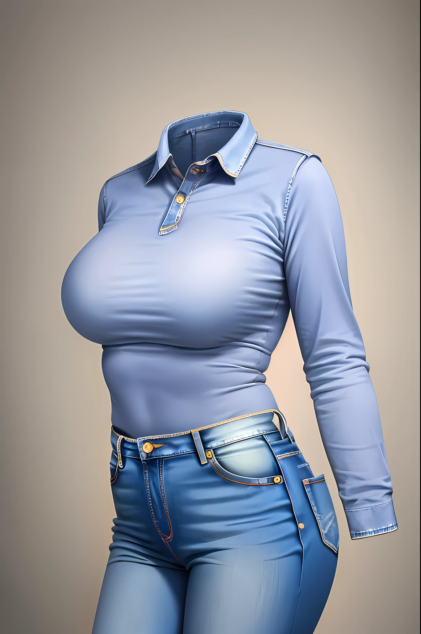 masterpiece, best quality, 1girl, solo, upper body, looking at viewer, large breasts, tight, faceless, mature female, invisible, jeans, shirt, ((((no humans)))), (headless), amputee, quadruple amputee, school, empty clothes inside, anime, side view, visible bra
