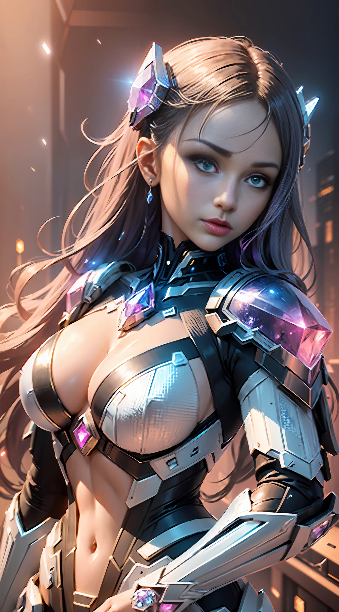 masterpieces, "Crystal Cyberpunk" style work, The background is nebula and space. female, Crystal AND Gem Exoskeleton Armor, The whole body exudes a dazzling light, The body is wrapped in mechanical armor, Equipped with "huge mech wings". (Realism), (((Ultra-detailed))), （（best quality））, ((detailed Anima face)), Masterpiece Theatre of the World, (Very detailed CG), Unity 8k, ((Best Shadow)), ((Detailed light)), an extremely delicate and beautiful, ((Beautiful detail face)), ((gradient eyes))), ((jewel-like eyes))), ((Beautiful detail eyes)), crystal hair, expressive hair, mismatched pupils, raised eyebrow, red lips, jitome, panorama, 3D, (Depth of field), wide shot, vanishing point, panorama, perspective, Surrealism, ray tracing, blending, film grain, stereogram, first-person view, wide shot, vanishing point, hatching (texture), (((Masterpiece))), UHD, retina, ccurate, anatomically correct, textured skin, super detail, high details, high quality, award winning, best quality, highres