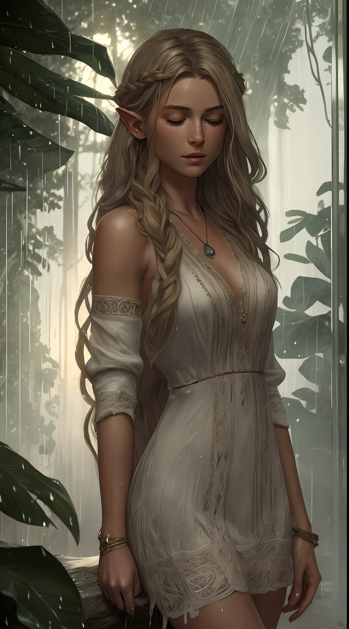Splash paint, concept art, watercolor painting, ((Best Quality, 8k, Masterpiece:1.3)), Focus: 1.2, caucasian blonde with curly hair, touching a leaf, pointy elf ears, native necklaces, and silver bracelets, Perfect Body Beauty: 1.4, Buttocks: 1.2, ((Long Hair)), (Wet Clothes:1.1) , (Rain, fantasy jungle:1.3),wet see trough long, braided, embroideted, flower pattern dress: 1.1, Highly detailed face and skin texture, Detailed eyes, Double eyelids, buttocks, tanned skin, tanlines, closed eyes, wet, sweaty, glistening skin, lush colors, volumetric lights, ambient occlusion, rays of light, cinematic lighting, depth of field, backlight, dark, moody, foggy, by artstation, by greg rutkowski