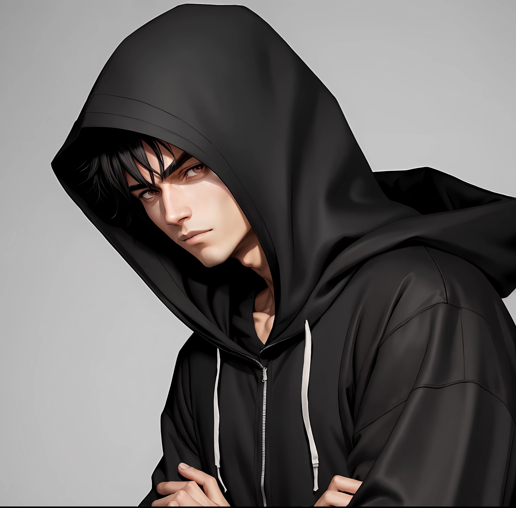 arafed man in a black hoodie posing for a picture, male anime style, anime realism style, smooth anime cg art, digital anime illustration, male anime character, made with anime painter studio, wearing dark robe, young anime man, anime style character, semi realistic anime, painted in anime painter studio, realistic anime artstyle, highly detailed character, black hood