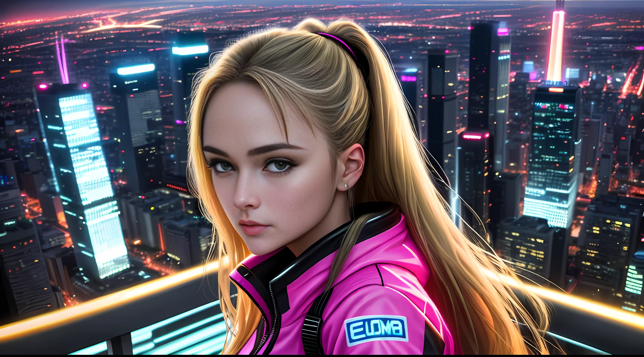 EDM, neon, realistic woman overlooking big city, close up, (19 years old: 1.7), racing queen, like asuna yuki, young Sharon Stone, gorgeous, super beautiful, going to EDM, big, appeal, ennui,