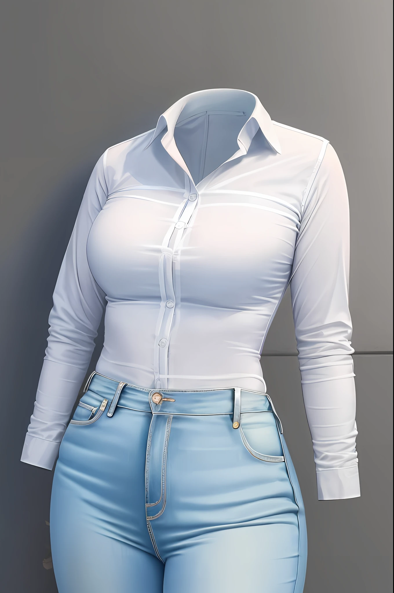 masterpiece, best quality, 1girl, solo, upper body, looking at viewer, large breasts, tight, faceless, mature female, invisible, white jeans, shirt, ((((no humans)))), (headless), amputee, quadruple amputee, school, empty clothes inside, anime, side view,