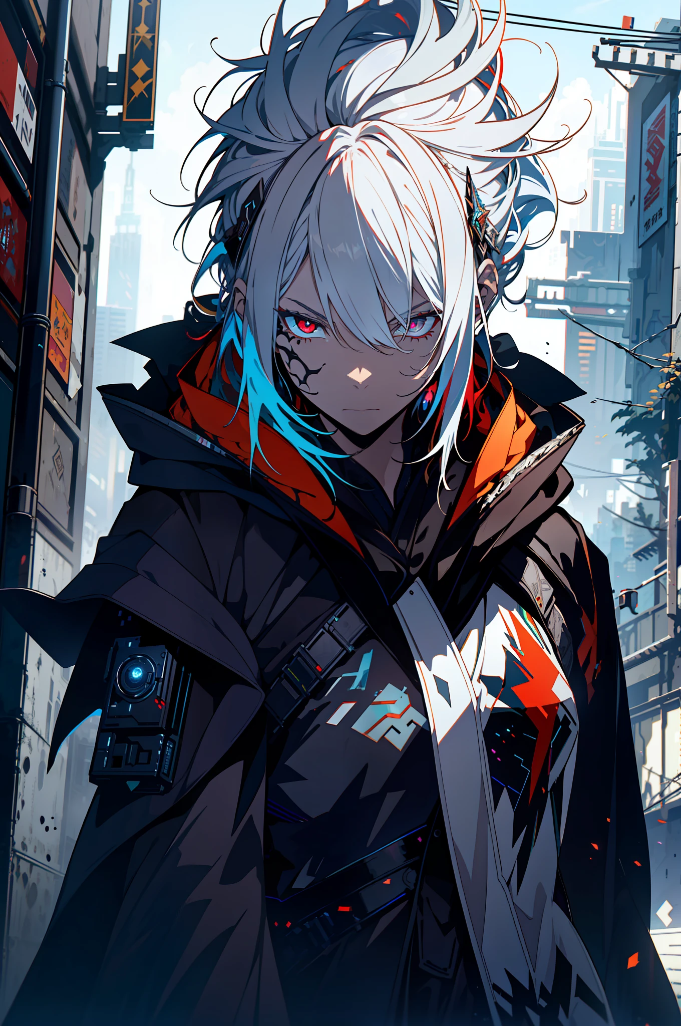 Cyberpunk male, fantasy world, dark background, clean design, epic instagram, artstation, colorful paint splatter, silhouette, hyper detailed intricate details, unreal engine, fantasy, intricate details, splash screen, complementary colors, Fantasy concept art, 8k resolution, deviantart masterpiece, oil painting, heavy strokes, paint dripping, (isolated on white background: 1.3), rainbow skin, (((handsome young woman))), ((teenage:1.5) ), (glowing red eyes), ((light eyes)), ((((short white hair: 1.1))), ((black clothes)), (princess\\(indifferent expression\\),, ( ((Wears high detail luxurious black robe))), white hair, medium breast, upper body,sexy