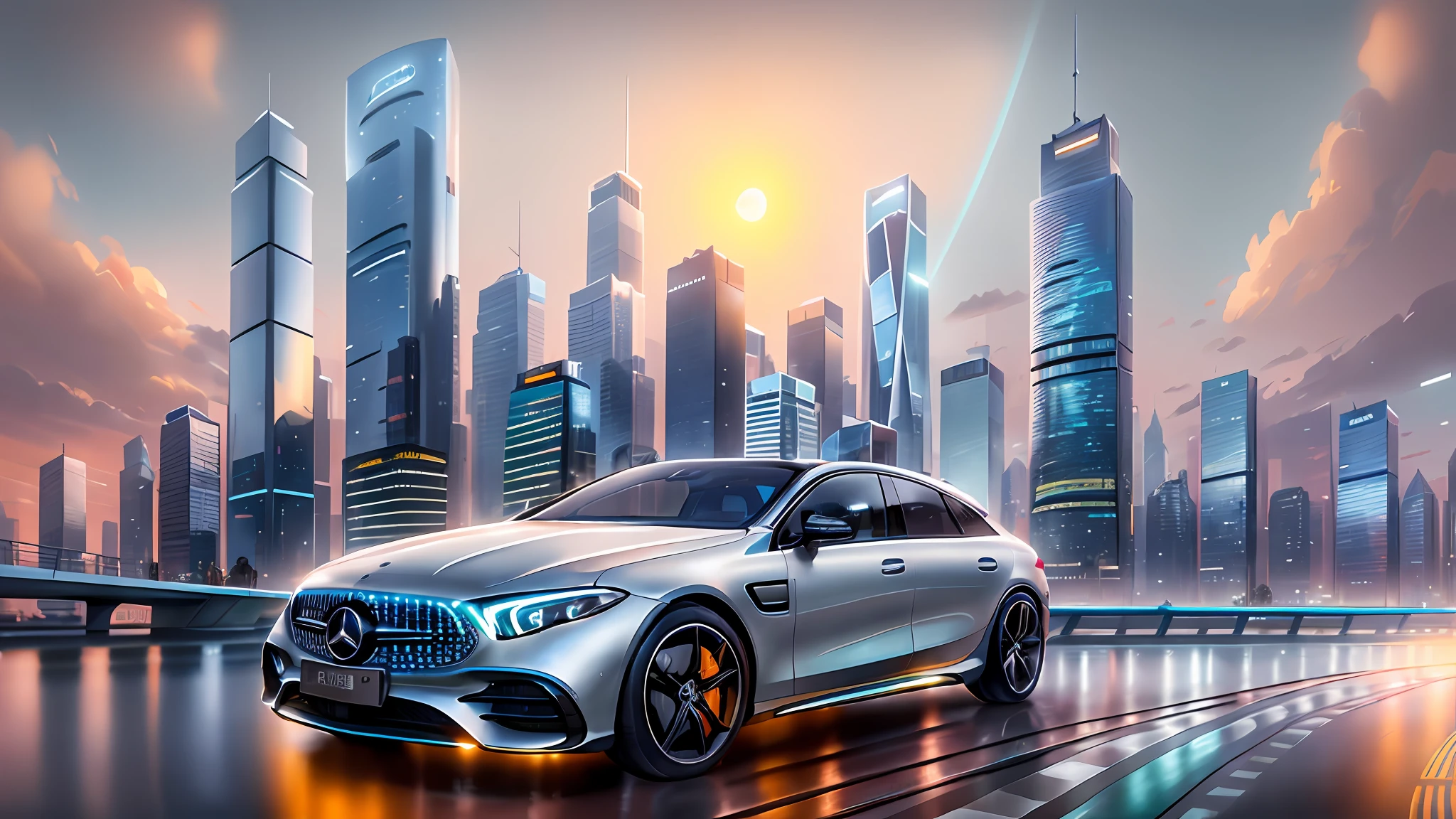 Mercedes-EQ, driving on Shanghai city lane, road signs, road markings, sky, (commercial street), racing road, racing race signs, silver metal body, glass windows, metal reflections, city track, tall buildings, sunset, photography, art station trend, sharp focus, intricate details, high detail, high detail, ambient light, ray tracing