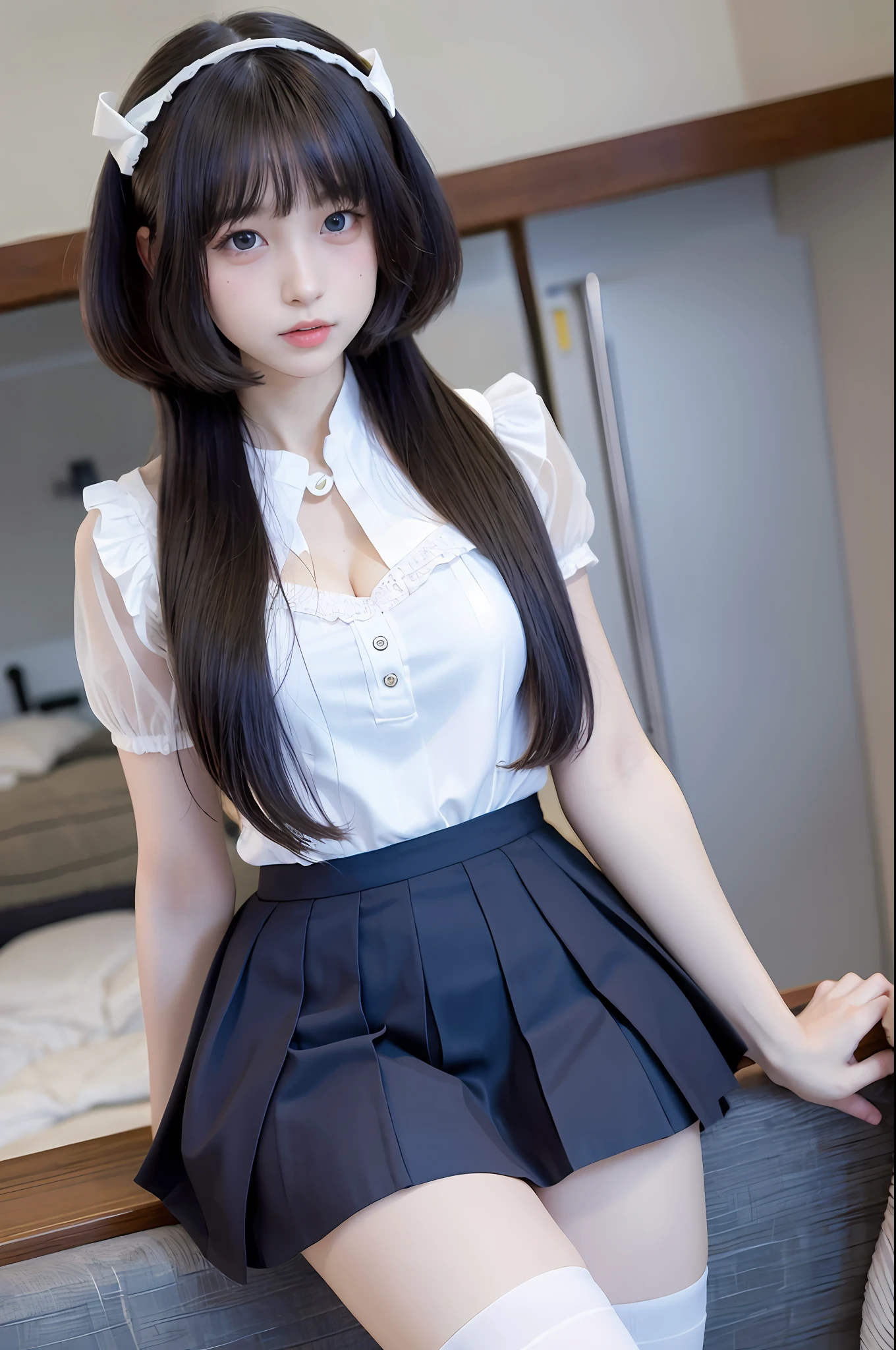 (8k, original photo processing, best quality, masterpiece: 1.2, thighs,), (realistic, realistic, photo realistic: 1.37), ultra-detailed,
Beautiful and delicate eyes, beautiful and delicate nose, flat chest, JK uniform, pleated skirt, stockings, tall and slender beauty