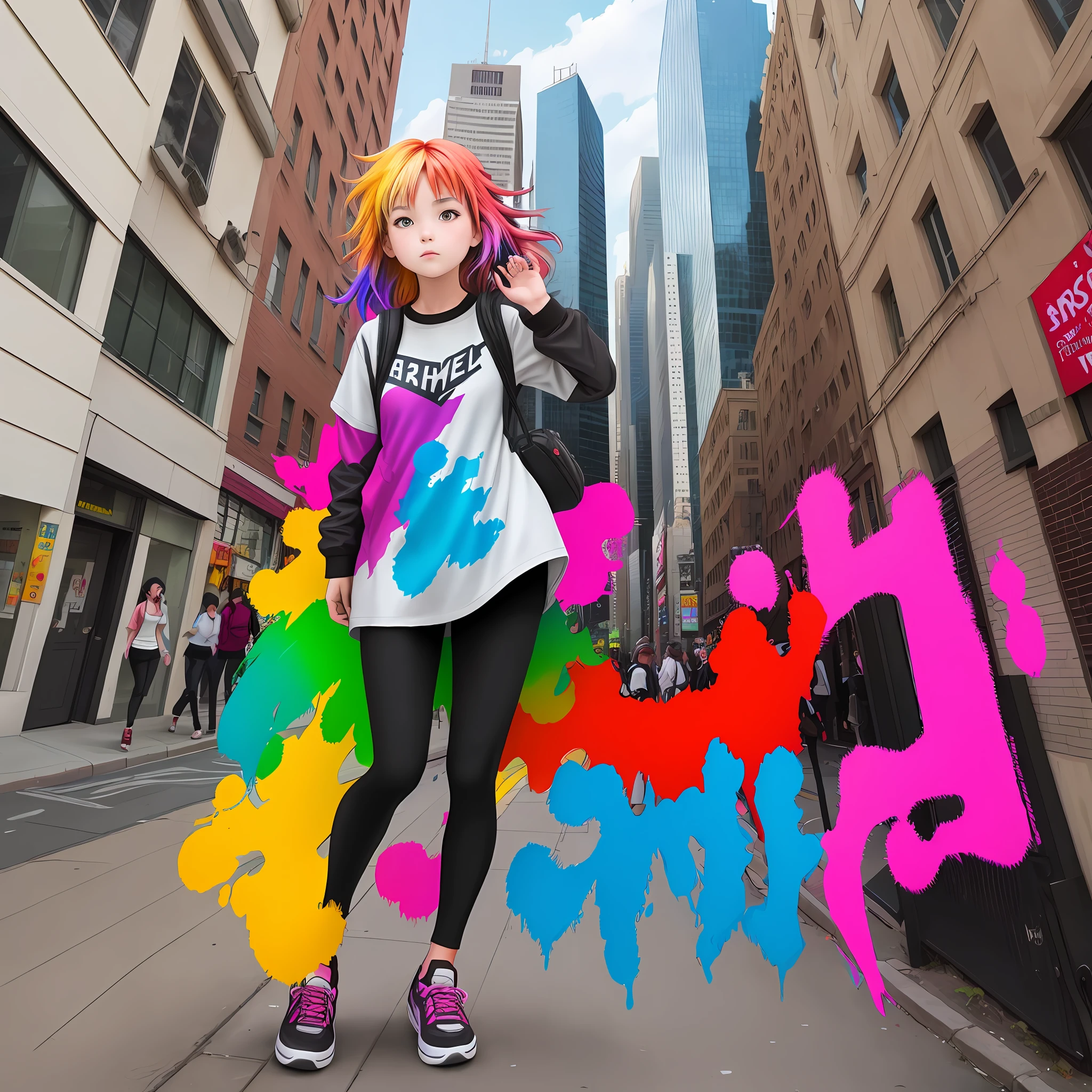 A girl with colorful, multicolored hair, comic book, urban, cityscape, whole body.