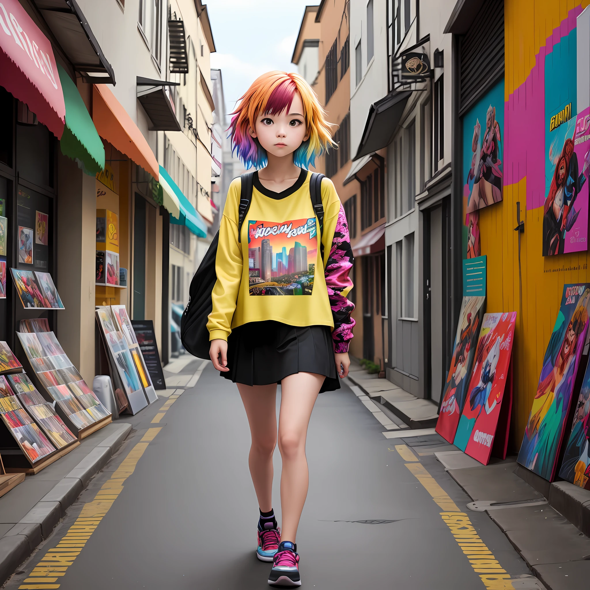 A girl with colorful, multicolored hair, comic book, urban, cityscape, whole body.