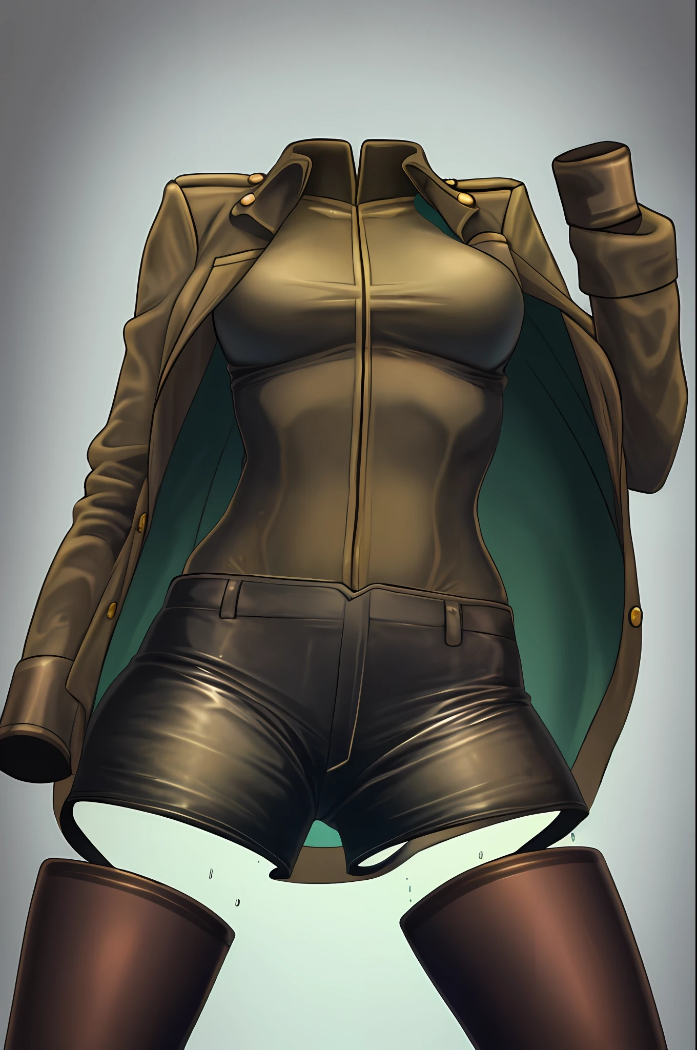 masterpiece, best quality, 1girl, solo, invisible, leather shorts, high-knee socks, ((((no humans)))), (headless), faceless, empty clothes, anime, wet clothes, focus on legs
