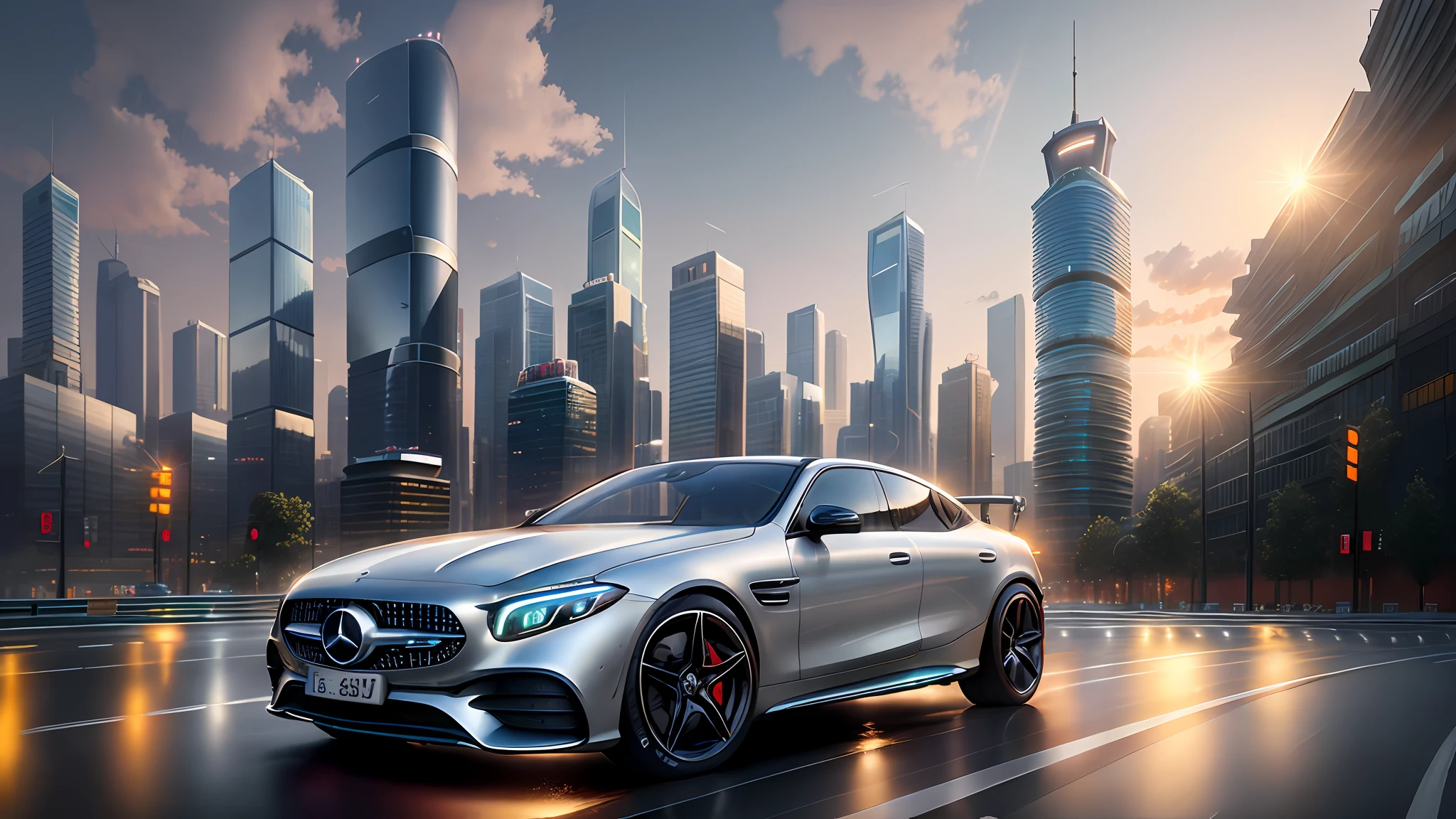 Mercedes-EQ, (real photo), (cinematic) driving on Shanghai city lane, road signage, road marking, sky, (commercial street), racing road, racing race sign, silver metal body, glass window, metal reflection, city track, tall building, sunset, photography, art station trend, sharp focus, intricate detail, high detail, high detail, ambient light, ray tracing