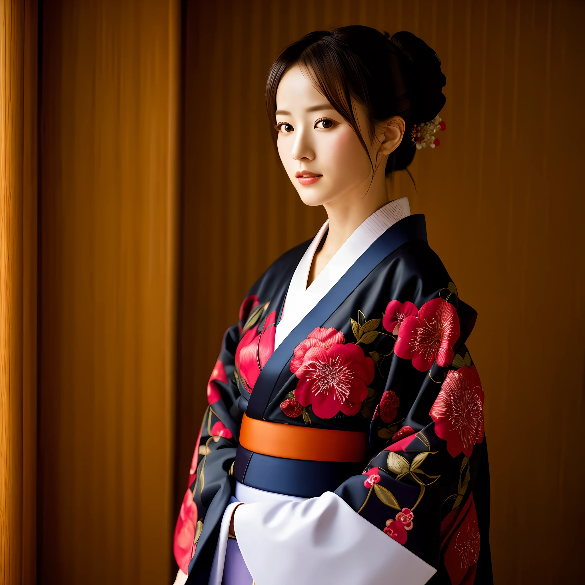Top Quality, Masterpiece, Ultra High Resolution, Photorealistic, Portrait, Kimono, Hakama, Obi, Full Body