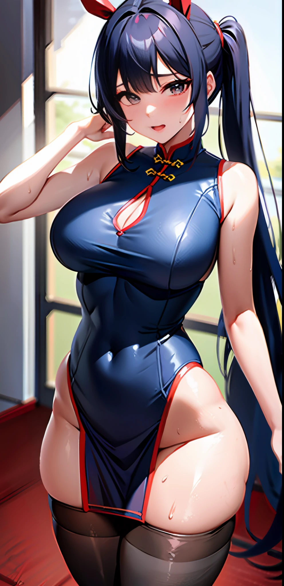 High school girl, single, blue tight high-forked cheongsam, pantyhose, thong, red double ponytail, princess roll, bangs covering one eye drooping, big thick buttocks, turning bangs, covering one eye, chest covering, slim, wet, perfect body, ((erotic expression)),