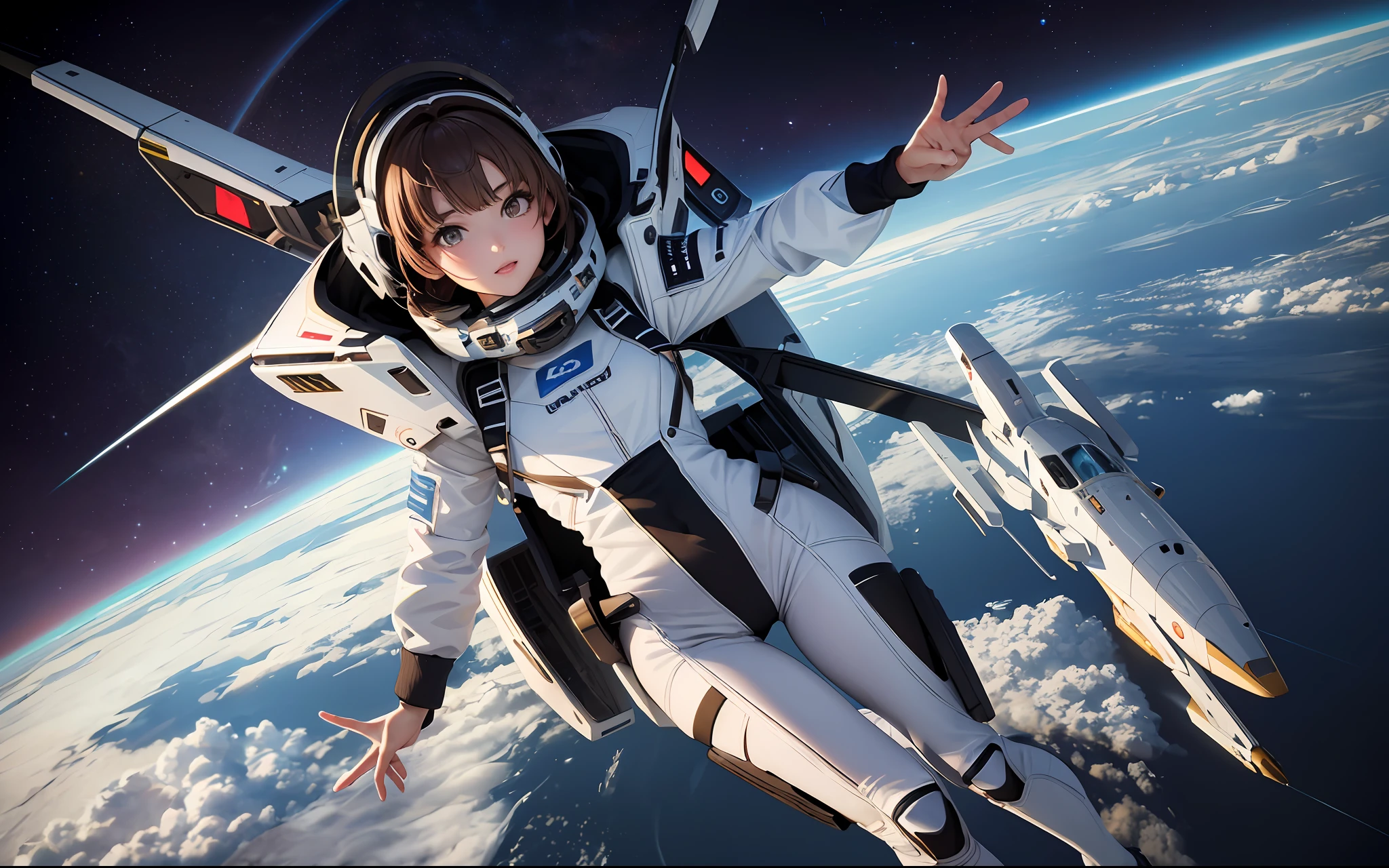 ((Best Quality)), (Masterpiece)), (Details: 1.4), 3D, Absurd Resolution, High Resolution, (Masterpiece: 1.4), Ultra Detailed, Beautiful Girl 1 Person, Futuristic Woman Image, Sparkling Brown Hair, Beautiful Brown Eyes, Beautiful Face, 20 Years Old, Space, Floating, Small, Spacesuit, Spaceship, Maneuvering, Window, Future, Dynamic Pose, Full Body, Change of Clothes