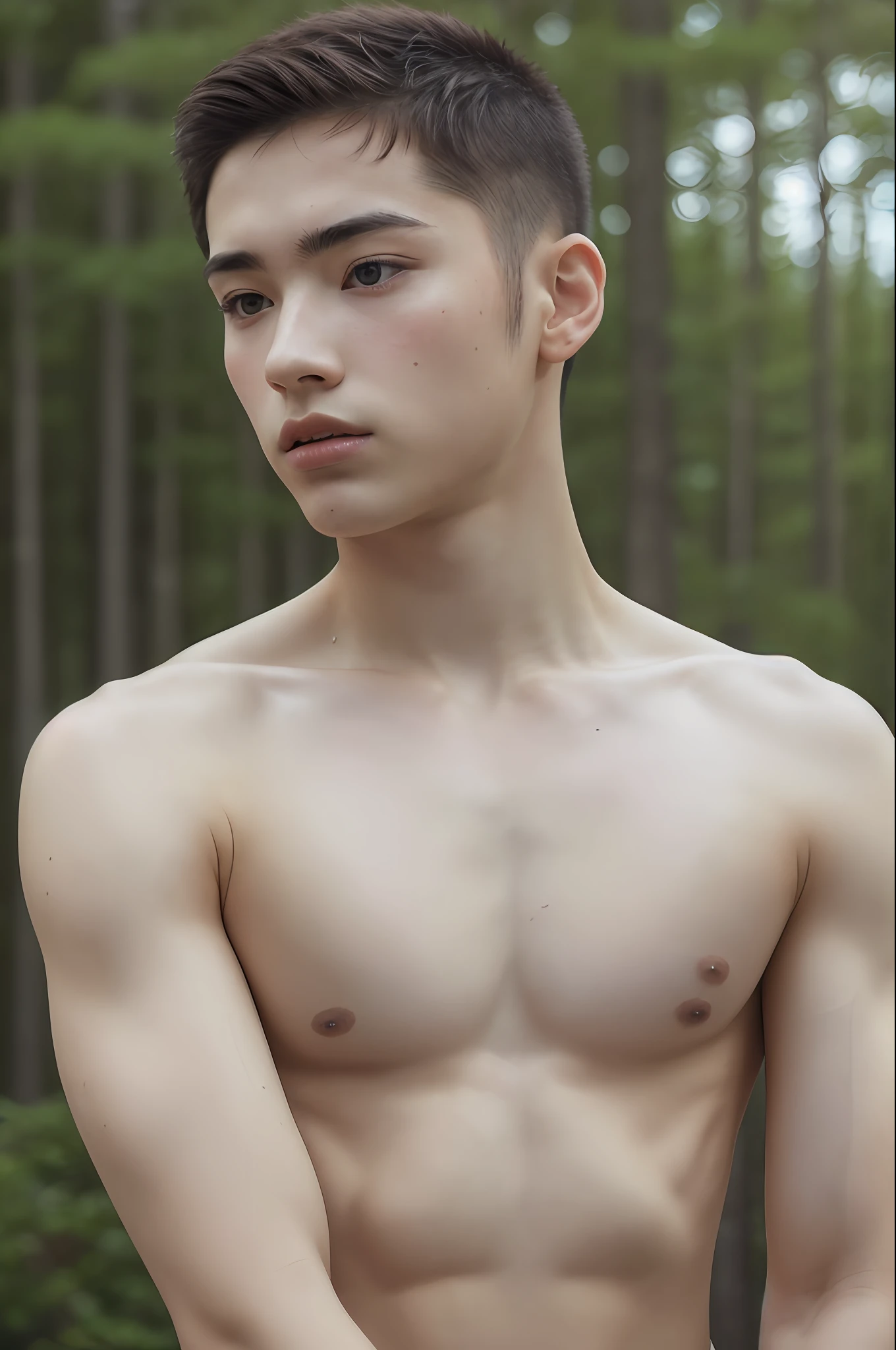 1Man, ((male))heaty skin, masterpiece, best quality, most handsome man in the world, by Shen Quan, prefect body, beautiful model, by Aleksander Gierymski, an attractive 2 mans 22-27 years old aesthetic, full body, looking over spruce forest, moody portrait, striking features, wearing white t-shirt  and short pants, perfect body, perfect face, intricate details, dramatic composition, clean cut hair, contrast, texture, realism, high-quality rendering, stunning art, high quality, film grain, Fujifilm XT3, acne, blemishes, detailed skin, freckled