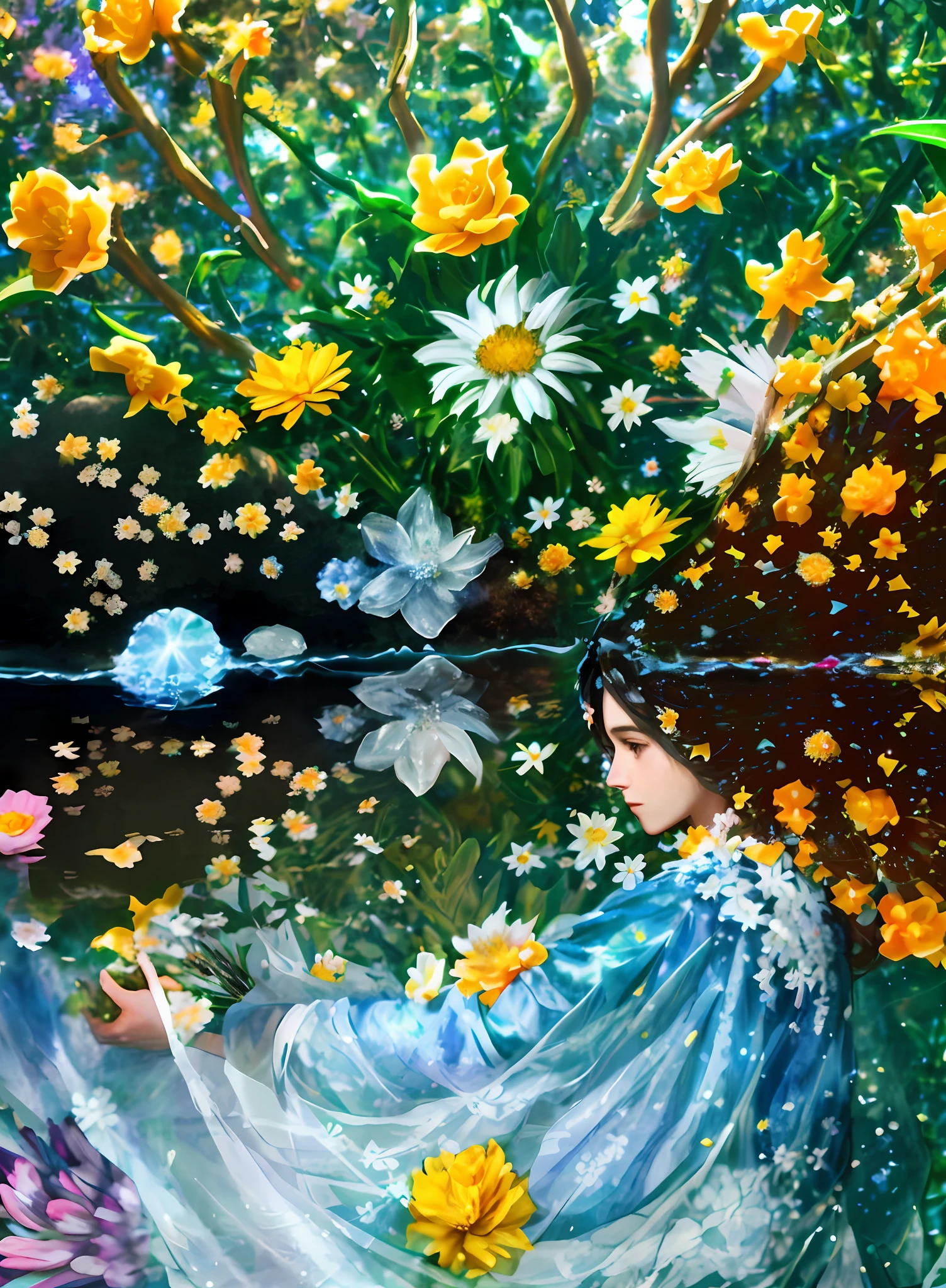 Hermione Granger, painting a woman holding a bouquet of flowers in front of a tree, flower child, with flowers, woman in flowers, wrapped in flowers, holding magical flowers, girl in flowers, frozen flowers around, digital collage, flower goddess, holding flowers, flower storm portrait, girl in a flower bed, full of flowers, big view, album cover
