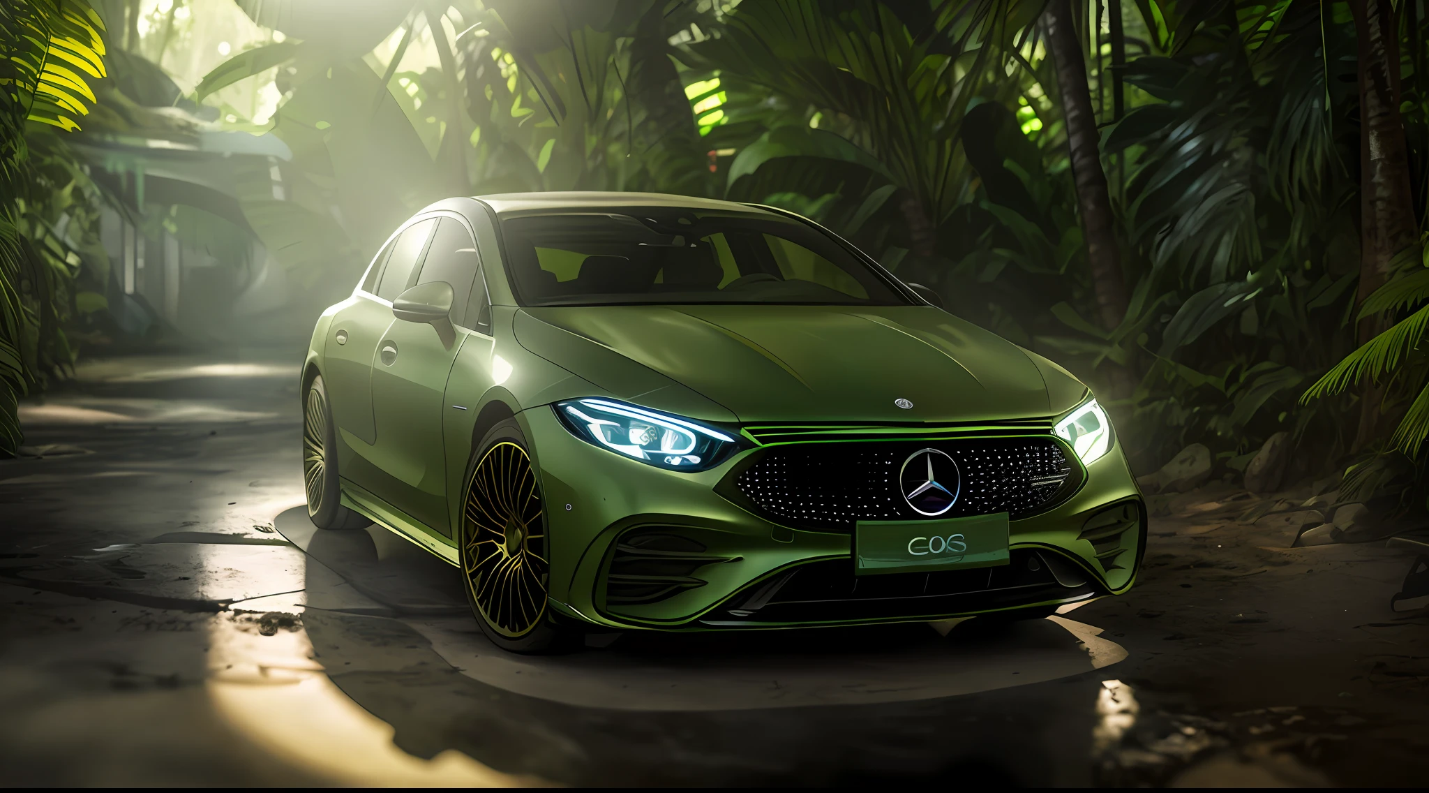 |First Person Shooter|Set in the Jungle, There Are |Lots of Video Game Action|,|Mercedes ESQ|,Morning Light, Wide Angle, Anime Style Rendering, 8K UHD, Studio Quality, Ultra Realistic, Maximum Detail, Massive Scale, Post Processing, Realistic, Photo Realism, Photoshop, Photography, Ray Tracing, Octane Rendering
