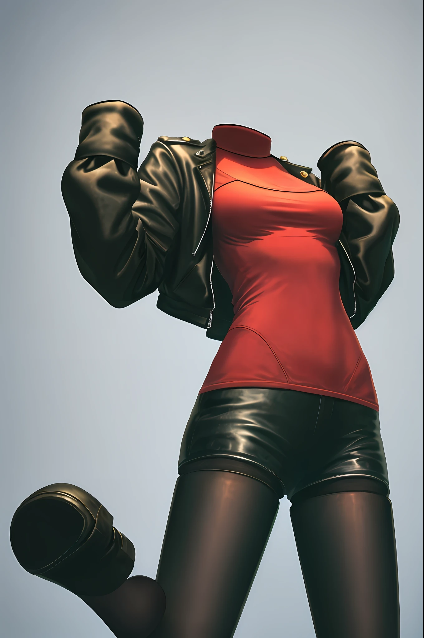 masterpiece, best quality, 1girl, solo, invisible, leather shorts, high-knee socks, ((((no humans)))), (headless), faceless, empty clothes, anime, wet clothes, focus on legs