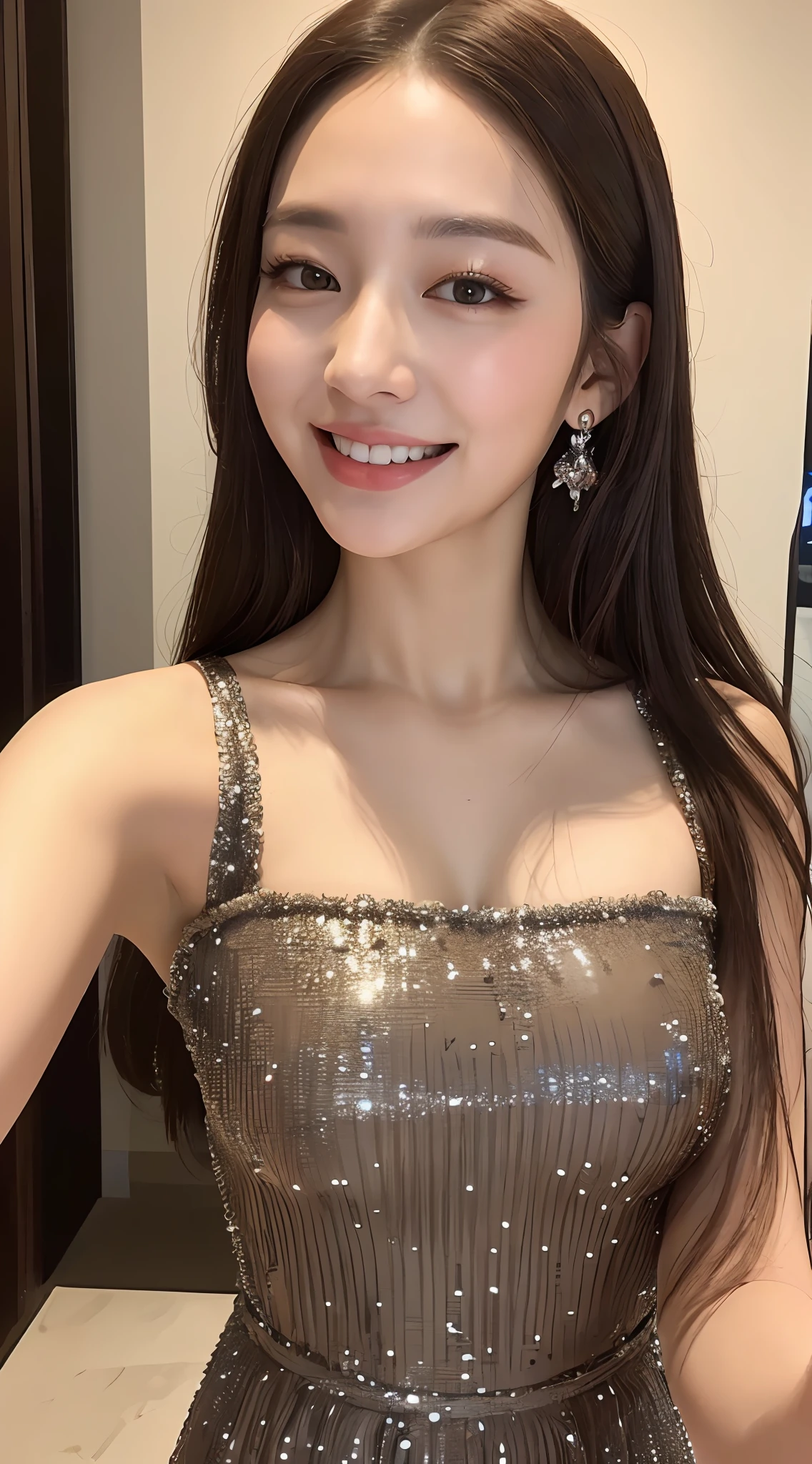 ((Best Quality, 8k, Masterpiece: 1.3)), 1 Girl, Selfie, Close-up, Smile, Slim Face, Beautiful Woman, (Dark Brown Hair), Bikini: 1.1, Super Detailed Face, Detailed Eyes, Double Eyelids, Blurred Background, Slim Face