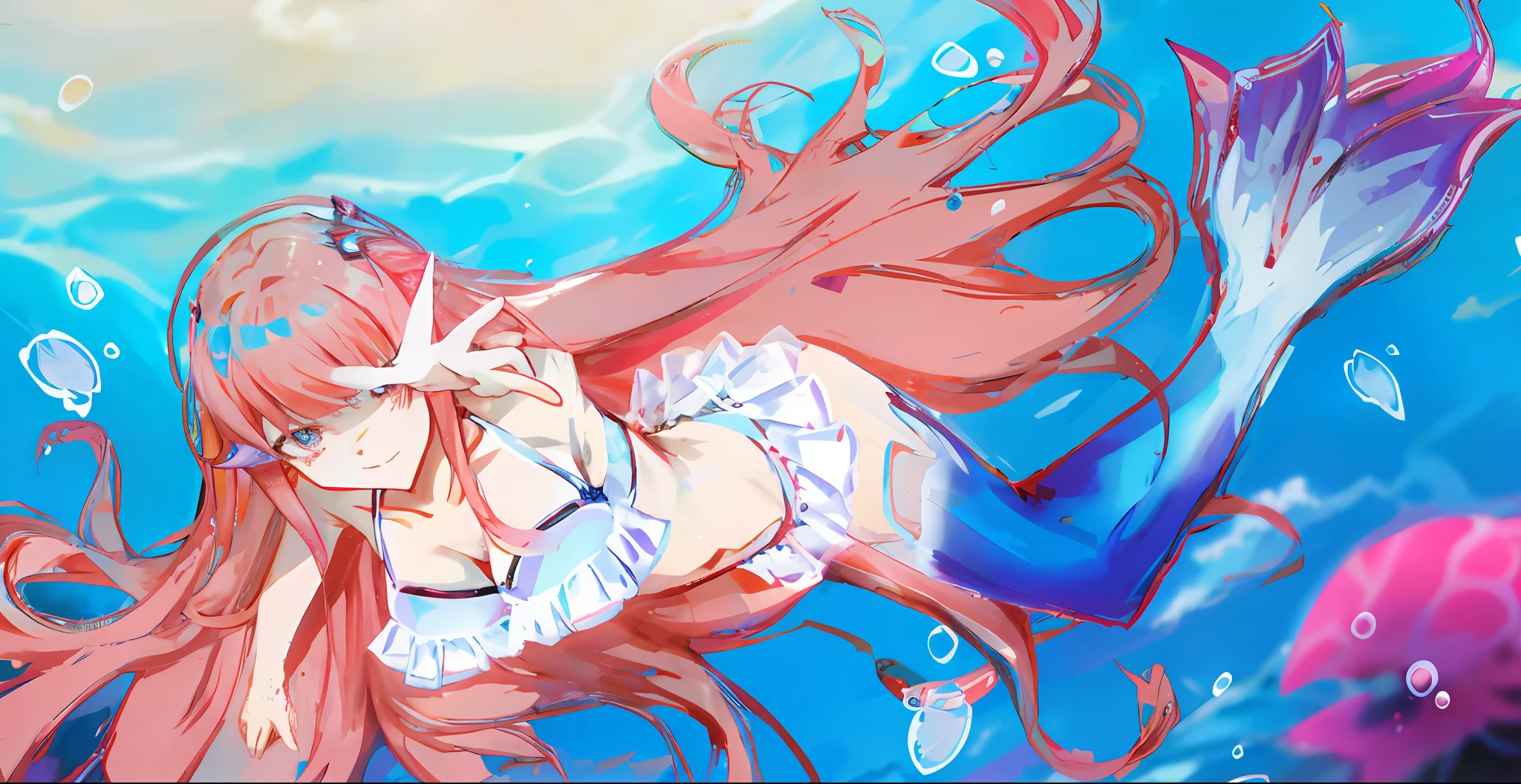 anime girl in a bikini under the water with a fish tail, humanoid pink female squid girl, in the sea, pixiv, by Shingei, marin kitagawa fanart, inspired by Hirosada II, pixiv style, [ floating ]!!, at pixiv, in the ocean, windy floating hair!!, fine details. anime. tentacles