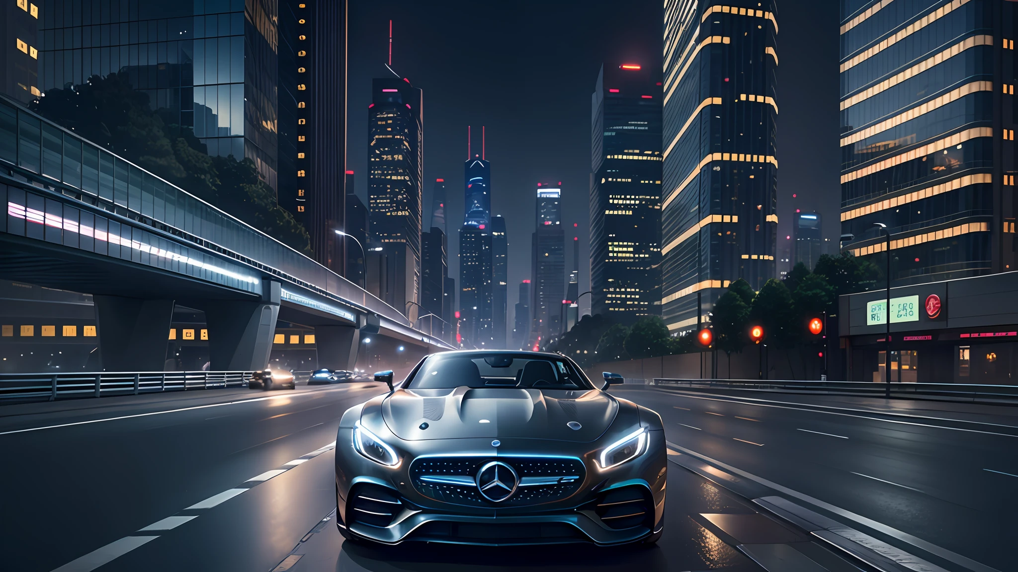 Mercedes-EQ, driving on Shanghai city lanes, curves, road signs, road markings, sky, (commercial street), racing roads, racing race signs, silver metal body, glass windows, metal reflections, city track, tall buildings, night, moon, photography, art station trend, sharp focus, intricate detail, high detail, ambient light, ray tracing