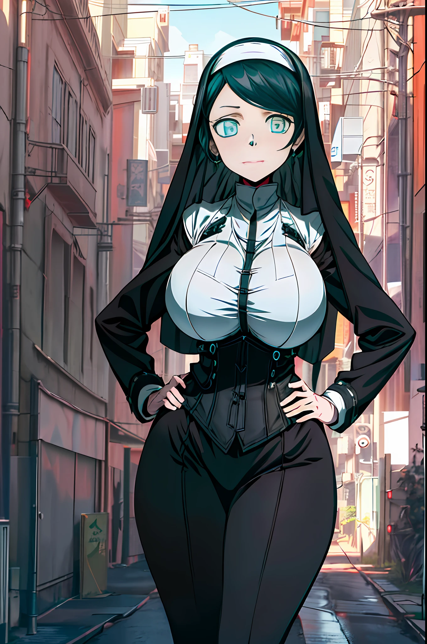 (Very detailed CG unit 8k wallpaper: 1.1), high resolution, detailed body skin, contrast, color, shadow, street background, 1 girl, nun, long black hair, (blue eyes), huge boobs, loose breasts, hands on hips, embarrassment, gothic, add_dedail:1.5