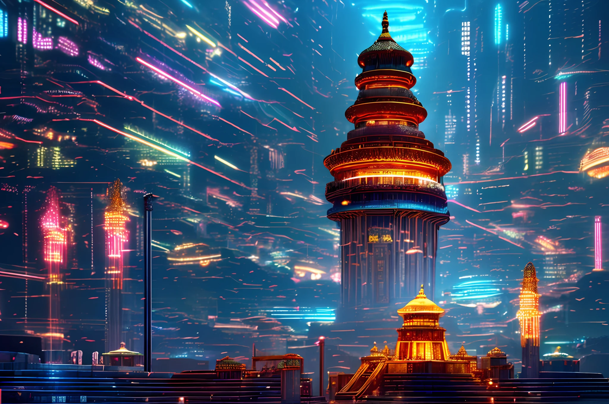 Photo of an oriental city, photo-realistic:1.3, ultra realistic, photo-realistic, RAW, fujifilm, physically based lighting, light mapping, octane render, (best quality: 1.4), masterpiece: 1.5, 8K