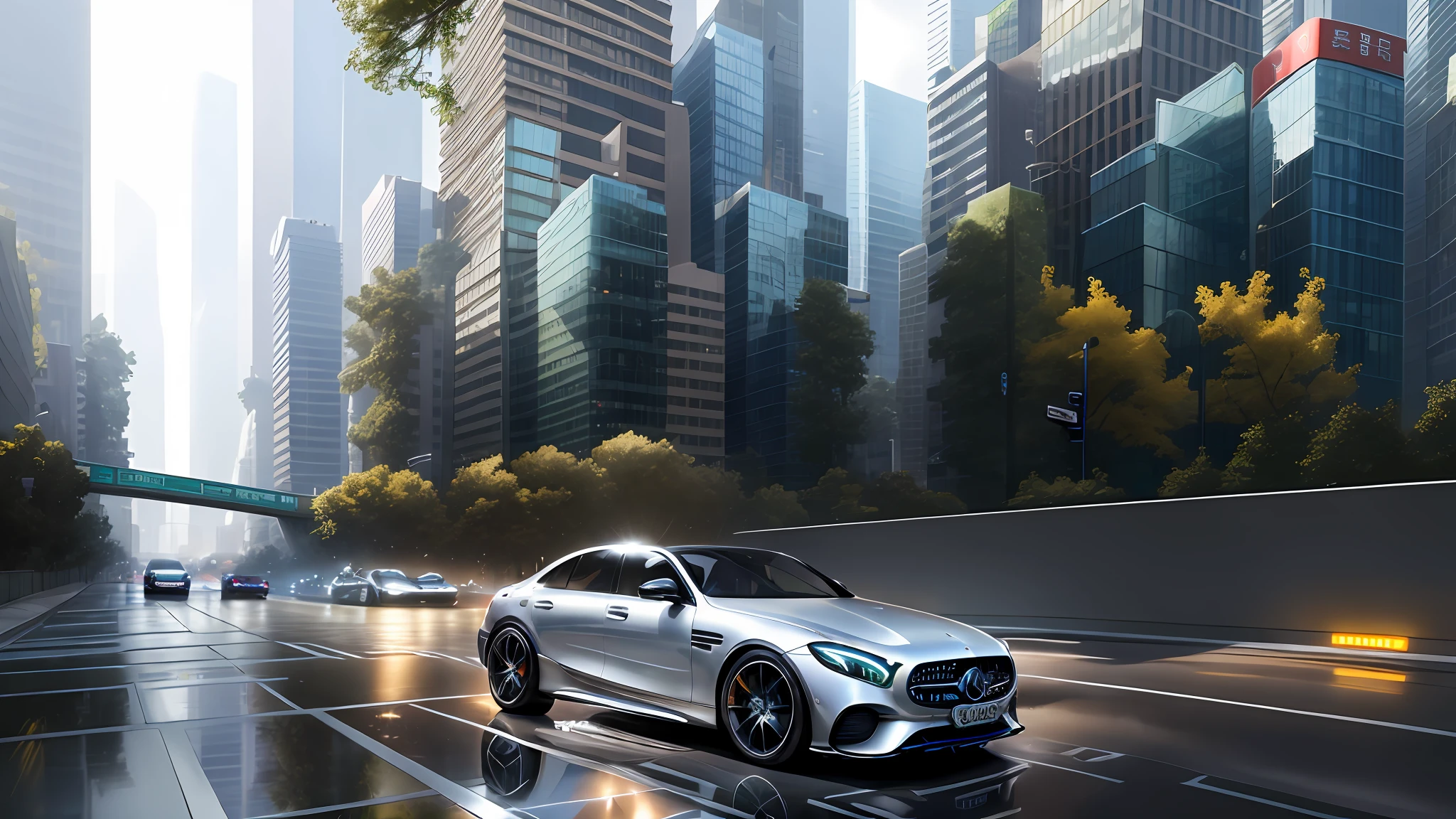 Mercedes-EQ, a Mercedes Benz driving on the Shanghai city lane, road signage, road marking, sky, (commercial street), racing road, racing race sign, silver metal body, glass windows, metal reflection, city track, tall building, photography, art station trend, sharp focus, intricate detail, high detail, high detail, ambient light, ray tracing