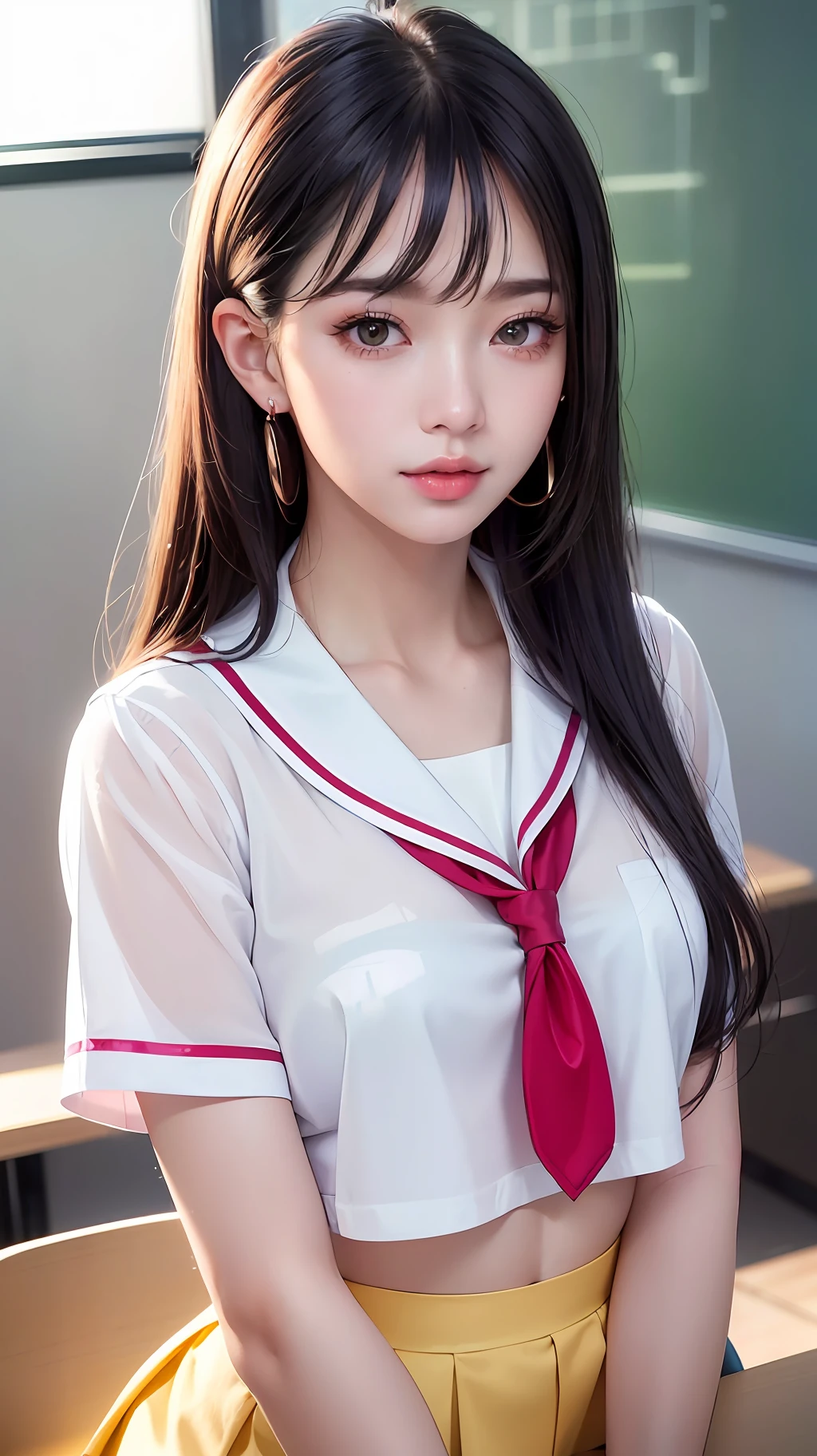 (8k, RAW photo, photorealistic:1.25) ,( lipgloss, eyelashes, gloss-face, glossy skin, best quality, ultra highres, depth of field, chromatic aberration, caustics, Broad lighting, natural shading,Kpop idol) looking at viewer with a serene and goddess-like happiness, highschool classroom, sailor uniform, mini skirt