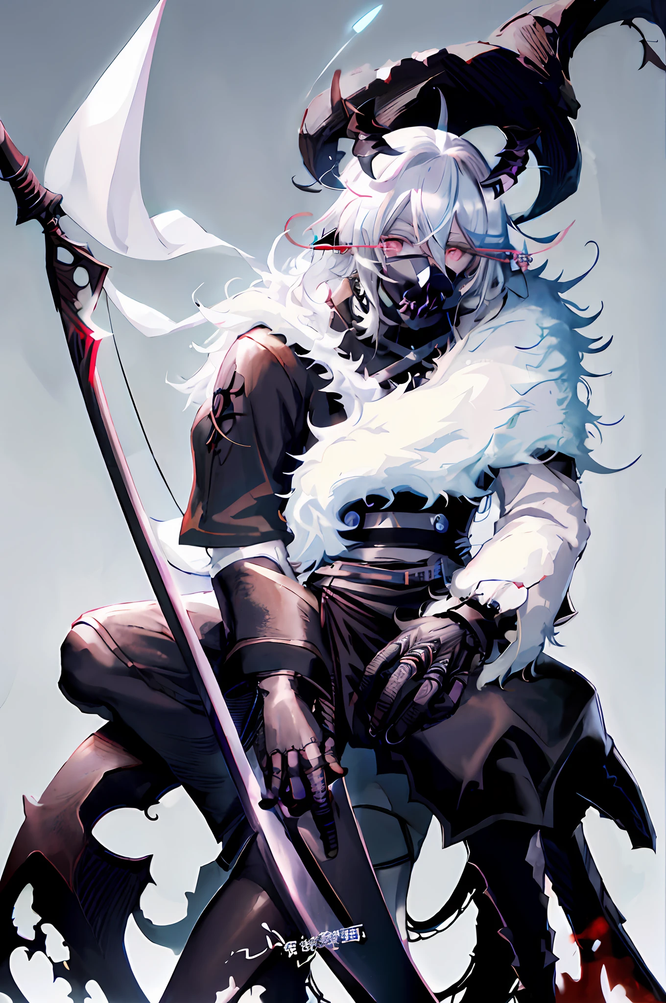 Anime character with white hair and white hair holding a sword, 2b, 2b, from ArkNights, best 4K Konachan anime background, beautiful male god of death, Zerochan art, male demon fit with white horns, badass anime 8K, digital art from Danganronpa, Arknights, detailed anime character art, afro samurai anime style, long black horns