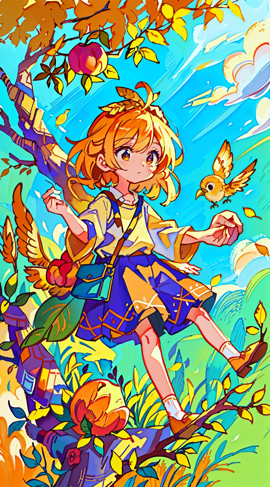 Painting of golden wheat and ears of wheat and a peach tree, a bird flying in the sky, a sitting on a branch picking fruit, beautiful artwork illustration, fairy tale style background, background artwork, background art, color illustration, fruit and feathers, watercolor art style, watercolor illustration style, color illustration, color concept art, color children's book illustration, official art, full color illustration, full color digital illustration, detailed background, best quality, masterpiece, high detail, high resolution, 16k
