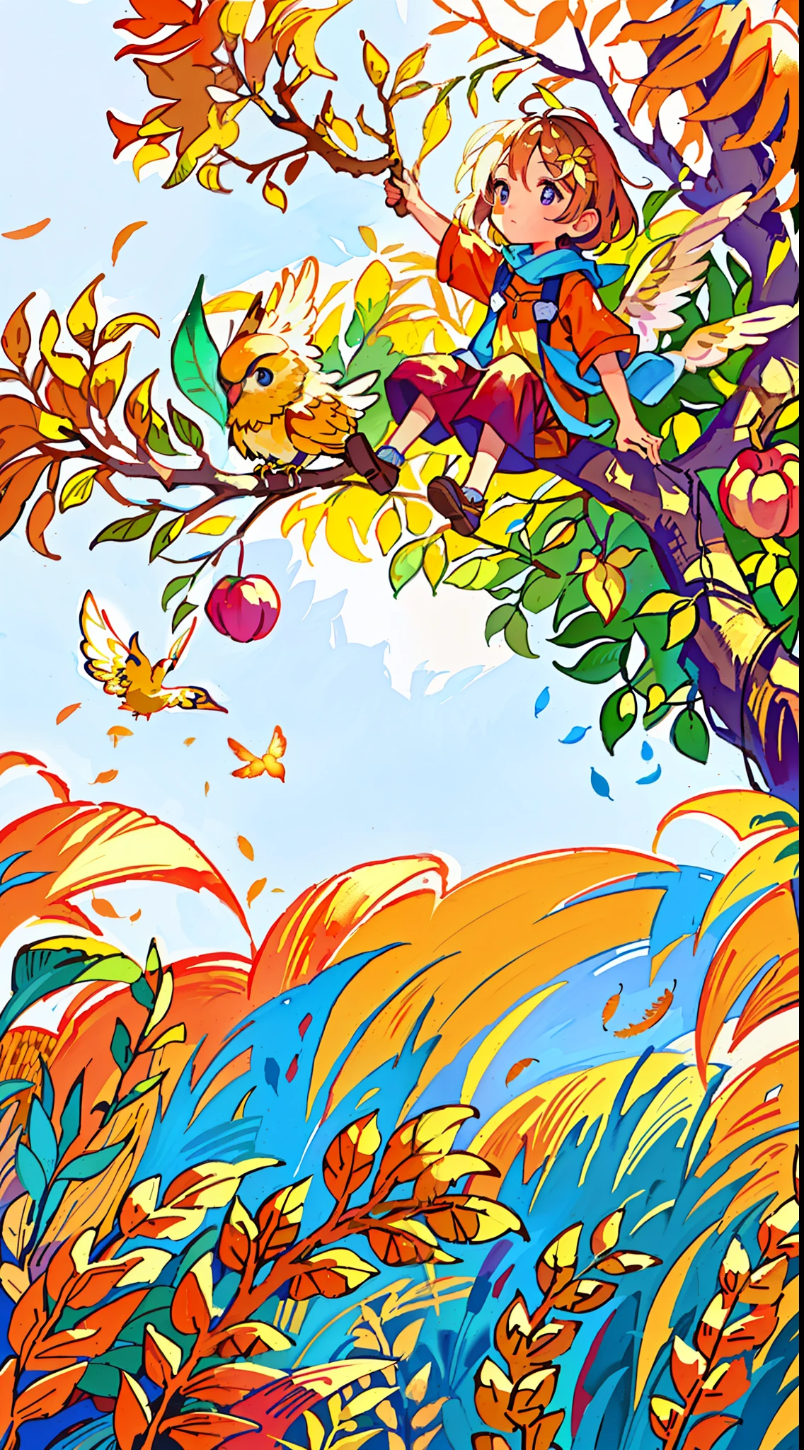 Painting of golden wheat and ears of wheat and a peach tree, a bird flying in the sky, a small child sitting on a branch picking fruit, beautiful artwork illustration, fairy tale style background, background artwork, background art, color illustration, fruit and feathers, watercolor art style, watercolor illustration style, color illustration, color concept art, color children's book illustration, official art, full color illustration, full color digital illustration, detailed background, best quality, masterpiece, high detail, high resolution, 16k