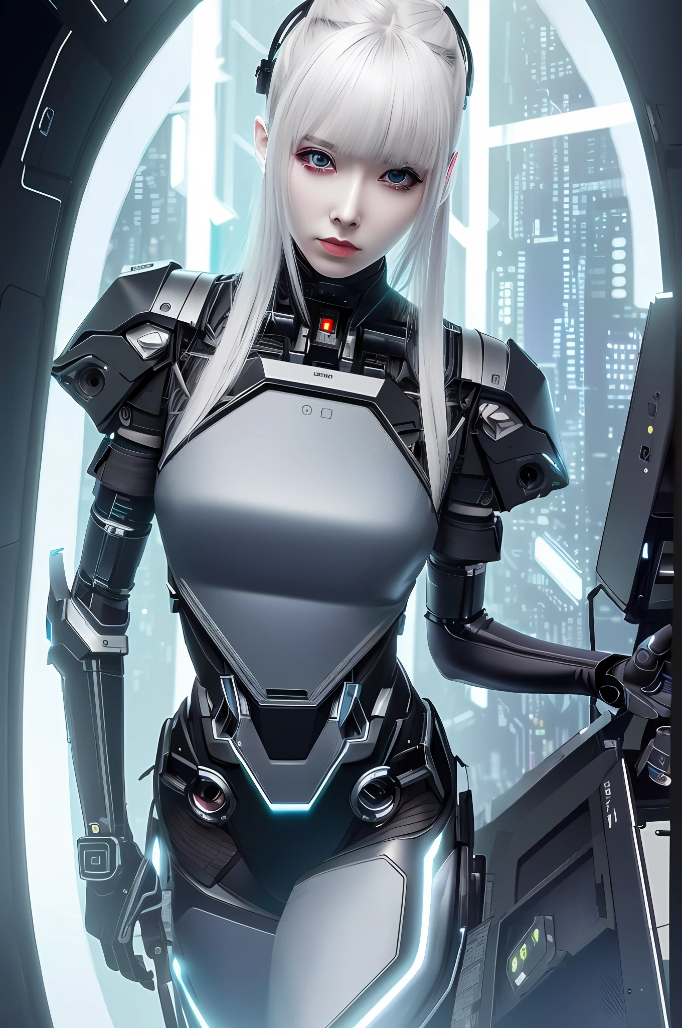 best quality, extremely detailed, (POV, 1girl, Robot Girl (solo), anime, kuroyu style, gray skin, facial implants, bionic armor, metal bones, steel and titanium leather, bionic face, mechanical joints, hard eye circle, extremely detailed full-body armor, jet engines, dark dynamic background, glowing eyes, cyberpunk style, glowing aura), dynamic pose, android girl, cyberpunk, computer glitch, holograms, hacking, absurdity, in a hyper-detailed room full of computers and computer screens, (best quality), digital illustration of the cyber dead,