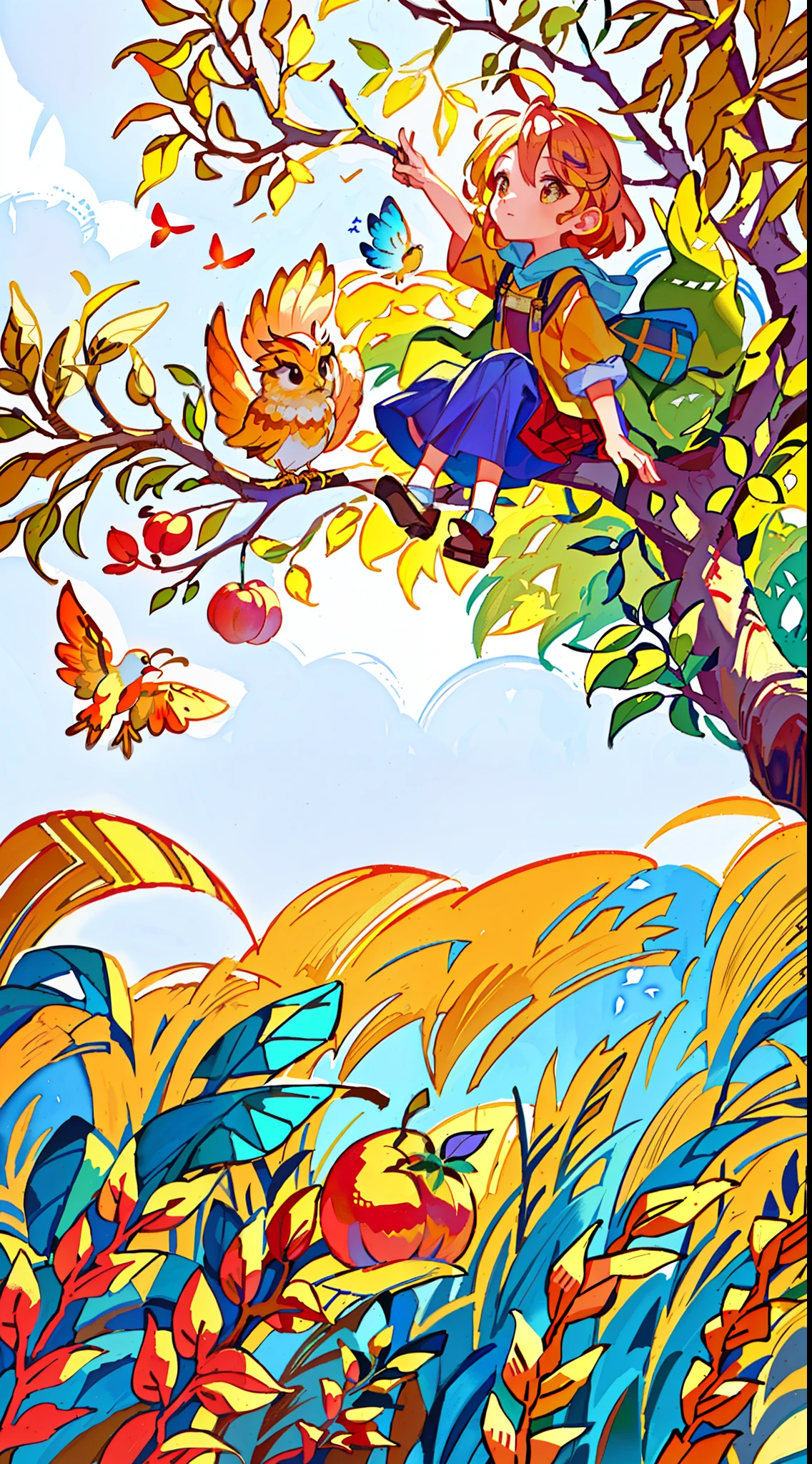 Painting of golden wheat and ears of wheat and a peach tree, a bird flying in the sky, a small child sitting on a branch picking fruit, beautiful artwork illustration, fairy tale style background, background artwork, background art, color illustration, fruit and feathers, watercolor art style, watercolor illustration style, color illustration, color concept art, color children's book illustration, official art, full color illustration, full color digital illustration, detailed background, best quality, masterpiece, high detail, high resolution, 16k