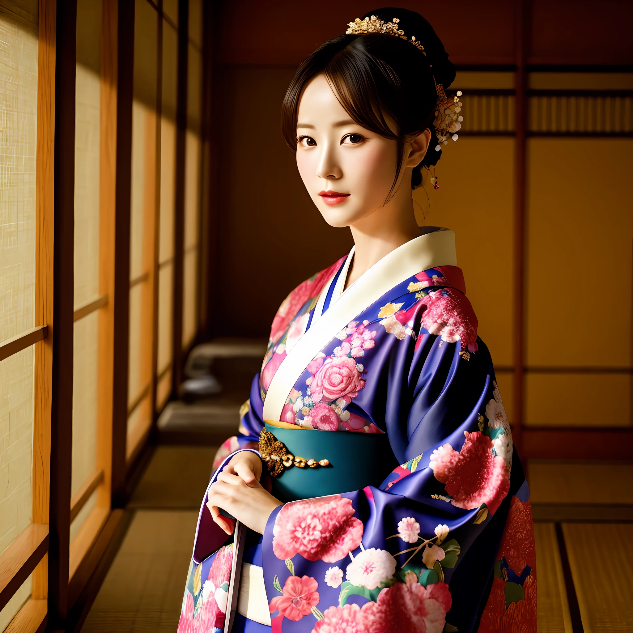 best quality, masterpiece, ultra high res, photorealistic, 1 woman, kimono