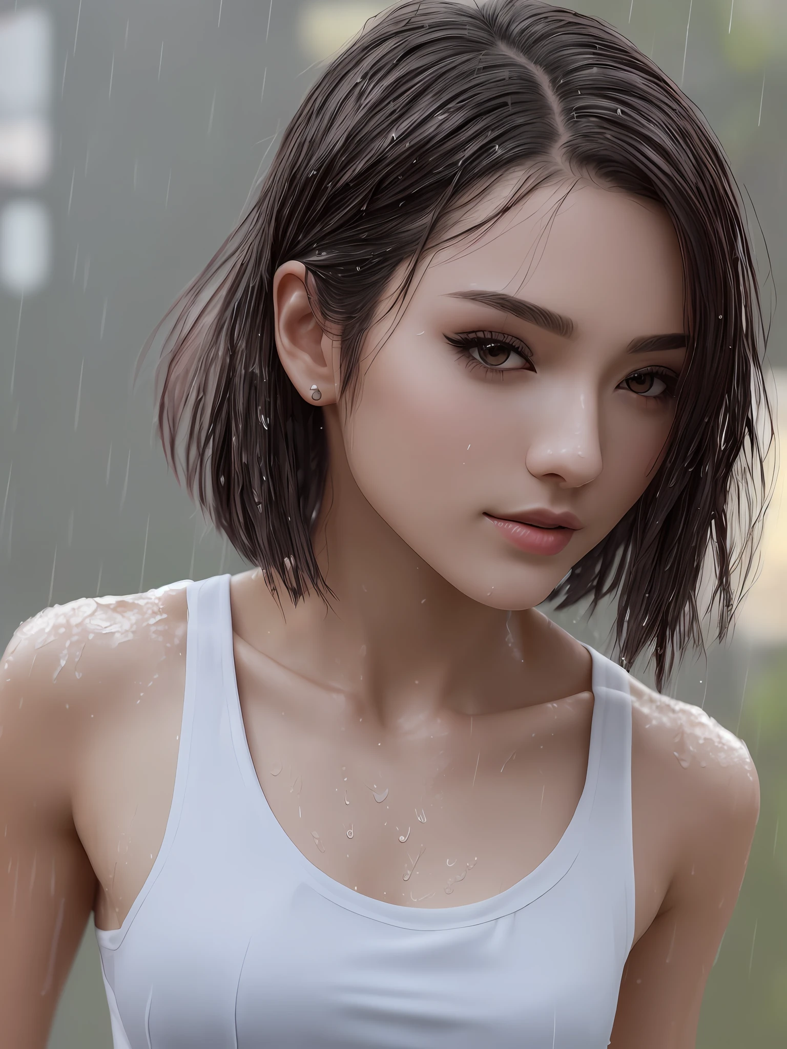 (Top Quality, 4k, Masterpiece: 1.3), Beauty, 1 Girl, Sexy: 1.1, Dark Brown Hair: 1.1, (Wet Rain, Wet Body: 1.2), White Tank Top, Ultra Detailed Face, Detailed Lips, Hair Bob, Pompadour, Detailed Eyes, Double Eyelids, Japan Women, Location Japan Kyoto