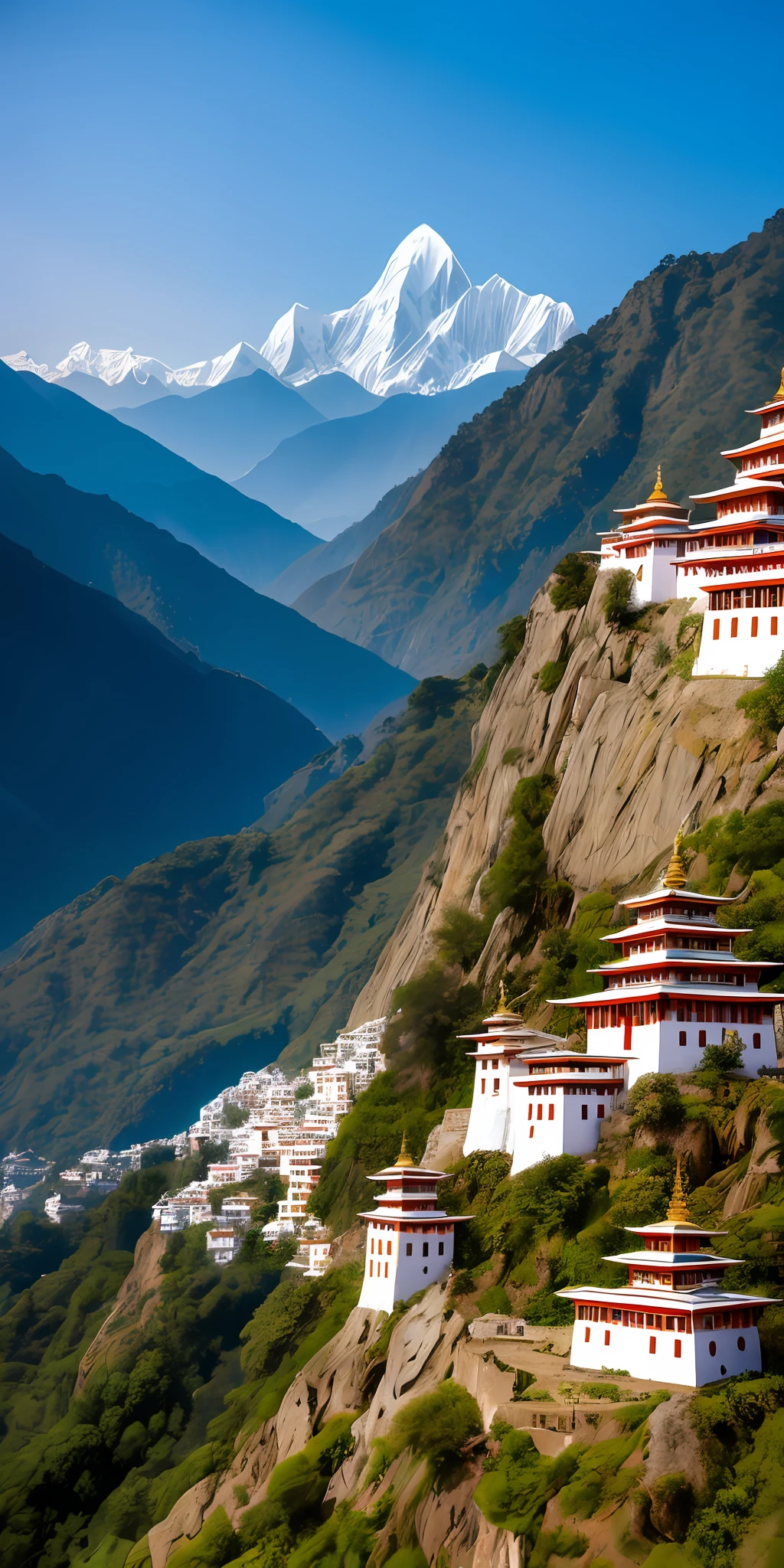 The Himalayas rose up majestically in the distance, their snow-capped peaks stretching towards the sky like icy fingers. As the observer drew closer, they could see that the mountains were swathed in a cloak of mist and clouds, their rugged slopes and craggy ridges softened by the diffuse light. The air was crisp and clear, with a tang of pine and juniper on the breeze. Beneath the mountains, the valley stretched out in a patchwork of green, terraced fields, the glint of streams and waterfalls visible in the distance. The hillsides were dotted with clusters of colorful houses, their bright paint and ornate decorations standing out against the surrounding landscape. Here and there, a monastery or temple perched on a hilltop, its white walls gleaming in the sunlight. Prayer flags fluttered in the wind, their bright colors contrasting with the muted tones of the mountains, HDR, UHD, 64K