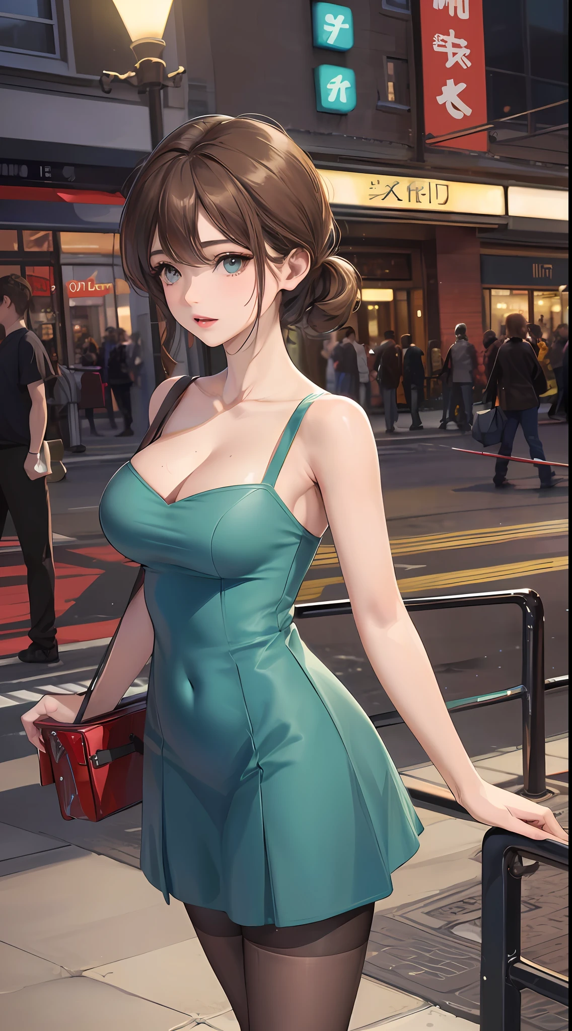 ((Realistic lighting, Best quality, 8K, Masterpiece: 1.3)), Clear focus: 1.2, 1girl, Perfect Body Beauty: 1.4, Slim Abs: 1.1, ((Dark Brown Hair, Big Breasts: 1.3)), (Aqua Dress: 1.4), (Outdoor, Night: 1.1), City Street, Super Fine Face, Fine Eyes, Double Eyelids