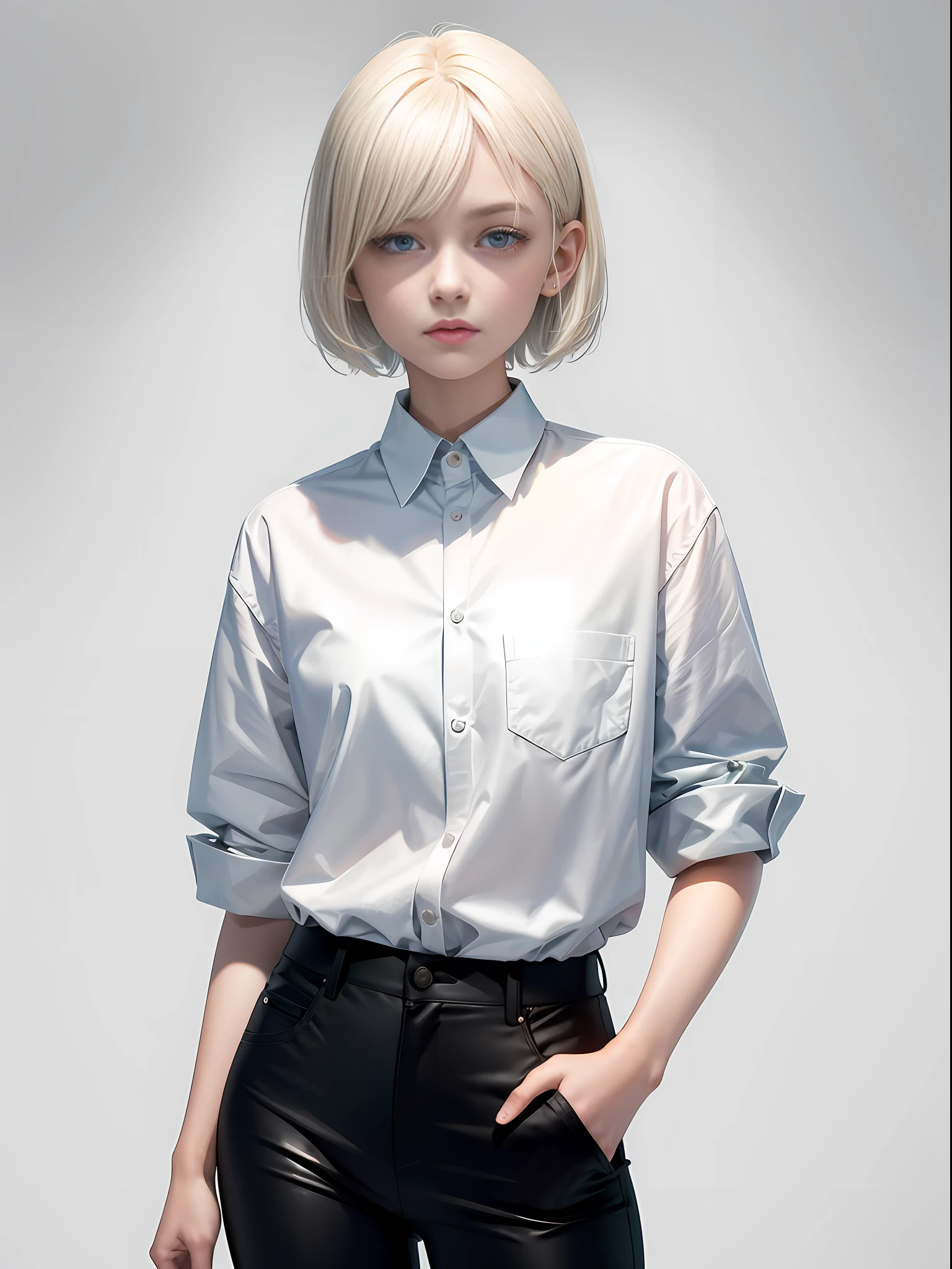 Masterpiece, best quality, 1 girl, 23 years old, facing the audience, facing the camera, half, one hand in the pocket, short hair, platinum blonde hair, white shirt, black pants, solid color background, clean background