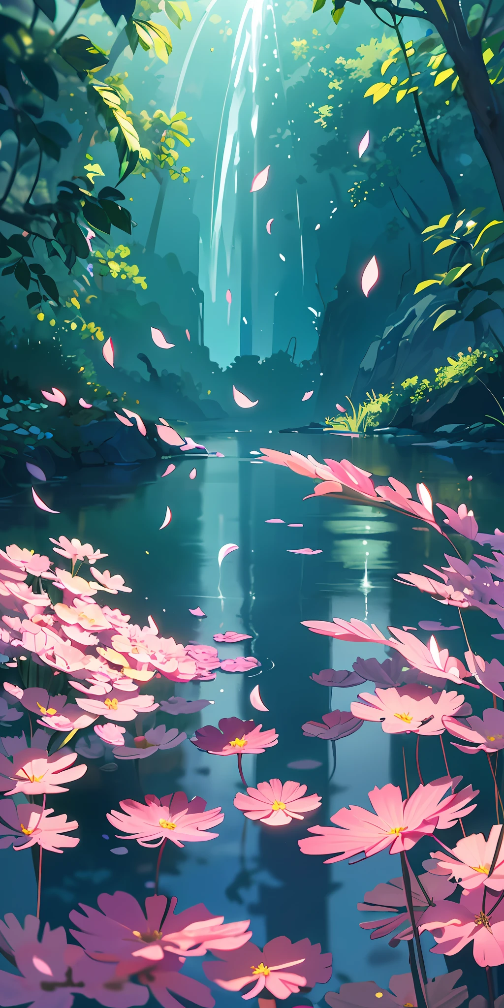 Masterpiece, best quality, (very detailed CG unity 8k wallpaper) (best quality), (best illustration), (best shadows) Nature', blue sea,delicate leaves petals of various colors falling in the air light Tracking, super detailed --v6