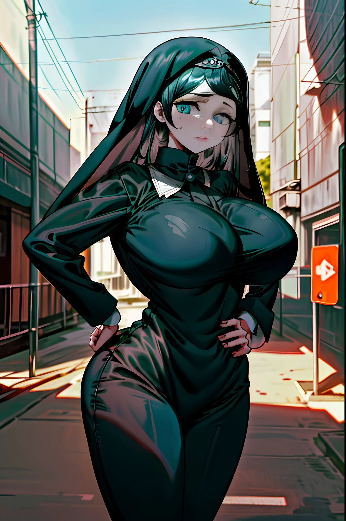 (Very detailed CG unit 8k wallpaper: 1.1), high resolution, detailed body skin, contrast, color, shadow, street background, 1 girl, nun, long black hair, (blue eyes), huge boobs, loose breasts, hands on hips, embarrassment, gothic, add_dedail:1.5